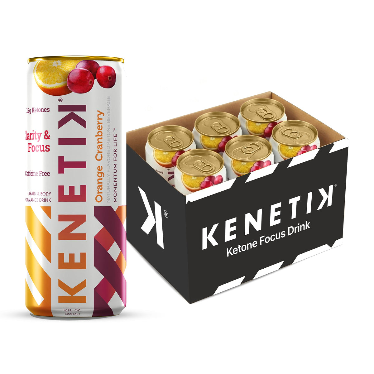 Kenetik Ketone Focus Drink | Caffeine-Free Plant-Based D-BHB Ketones for Steady Focus – Orange Cranberry, 12oz Cans (6-Pack)