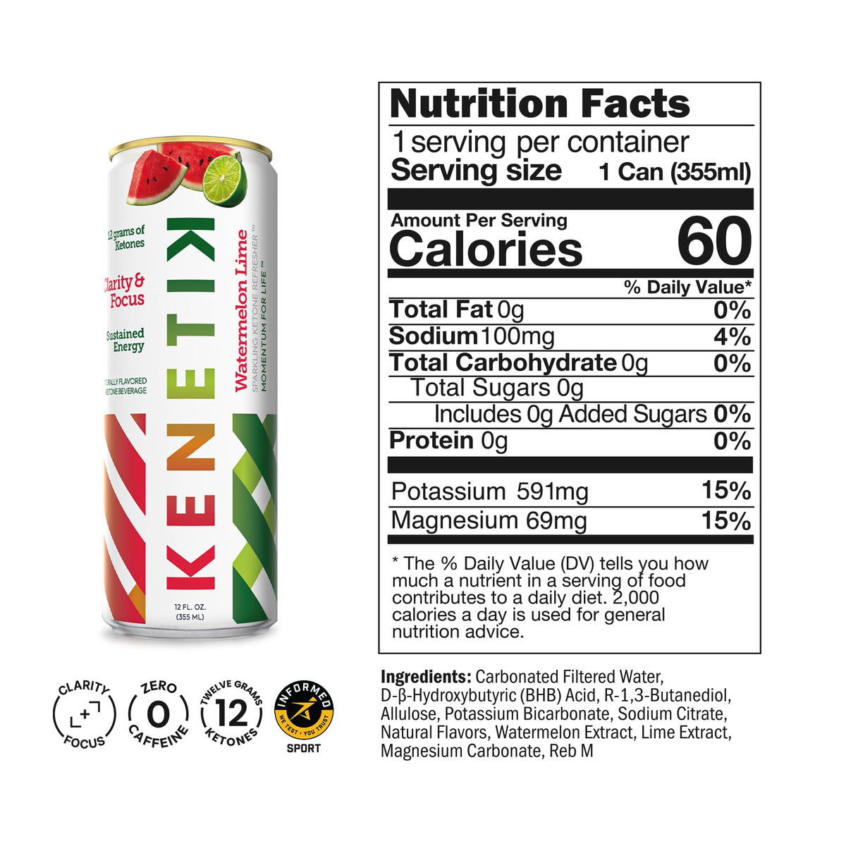 Kenetik Ketone Focus Drink – Plant-Based D-BHB for Steady, Caffeine-Free Focus | Watermelon Lime 12oz Cans (6-Pack)