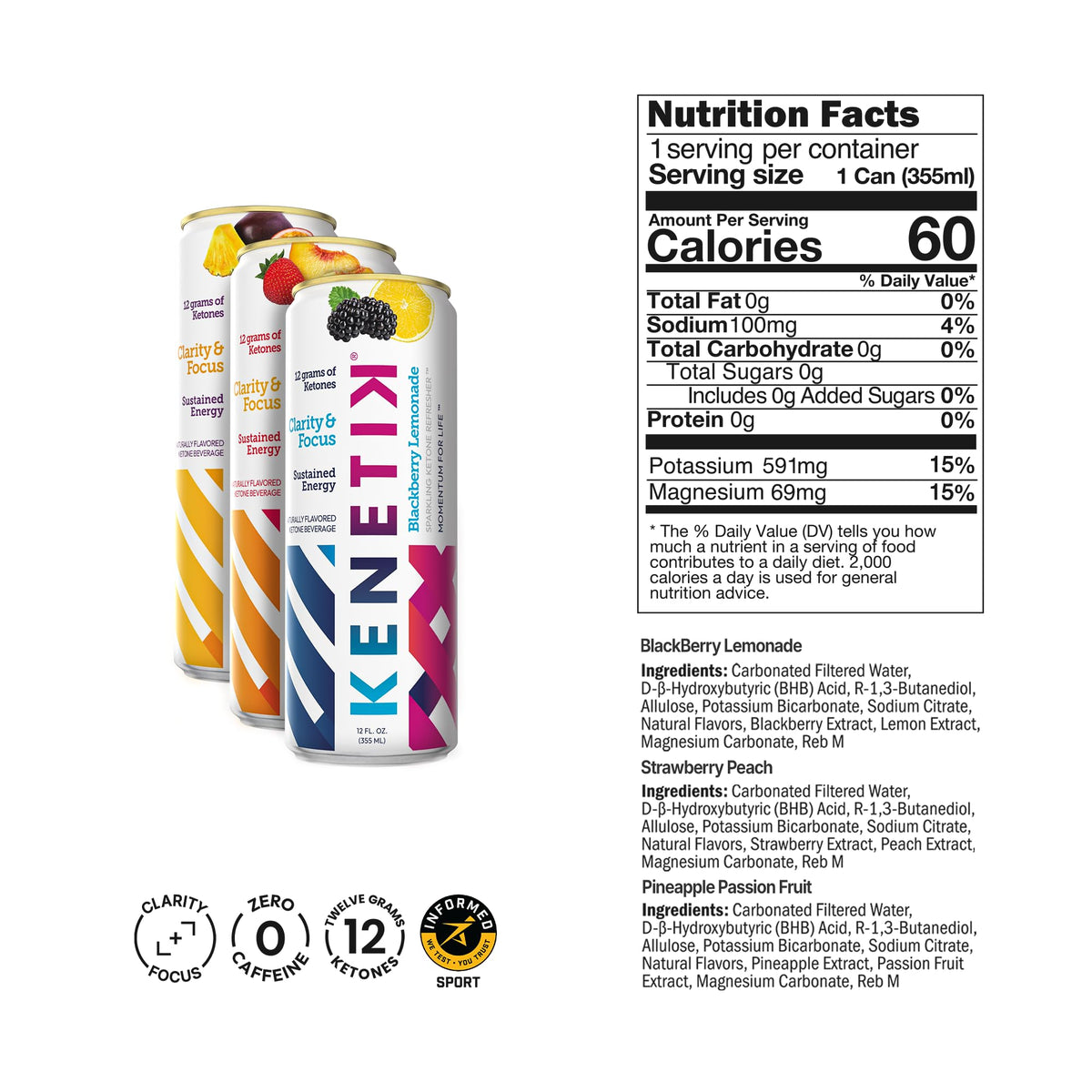 KENETIK Caffeine-Free Focus Drink — Brain Fuel with D-BHB Ketones, Sugar-Free 12oz Can (6 Pack) | Variety