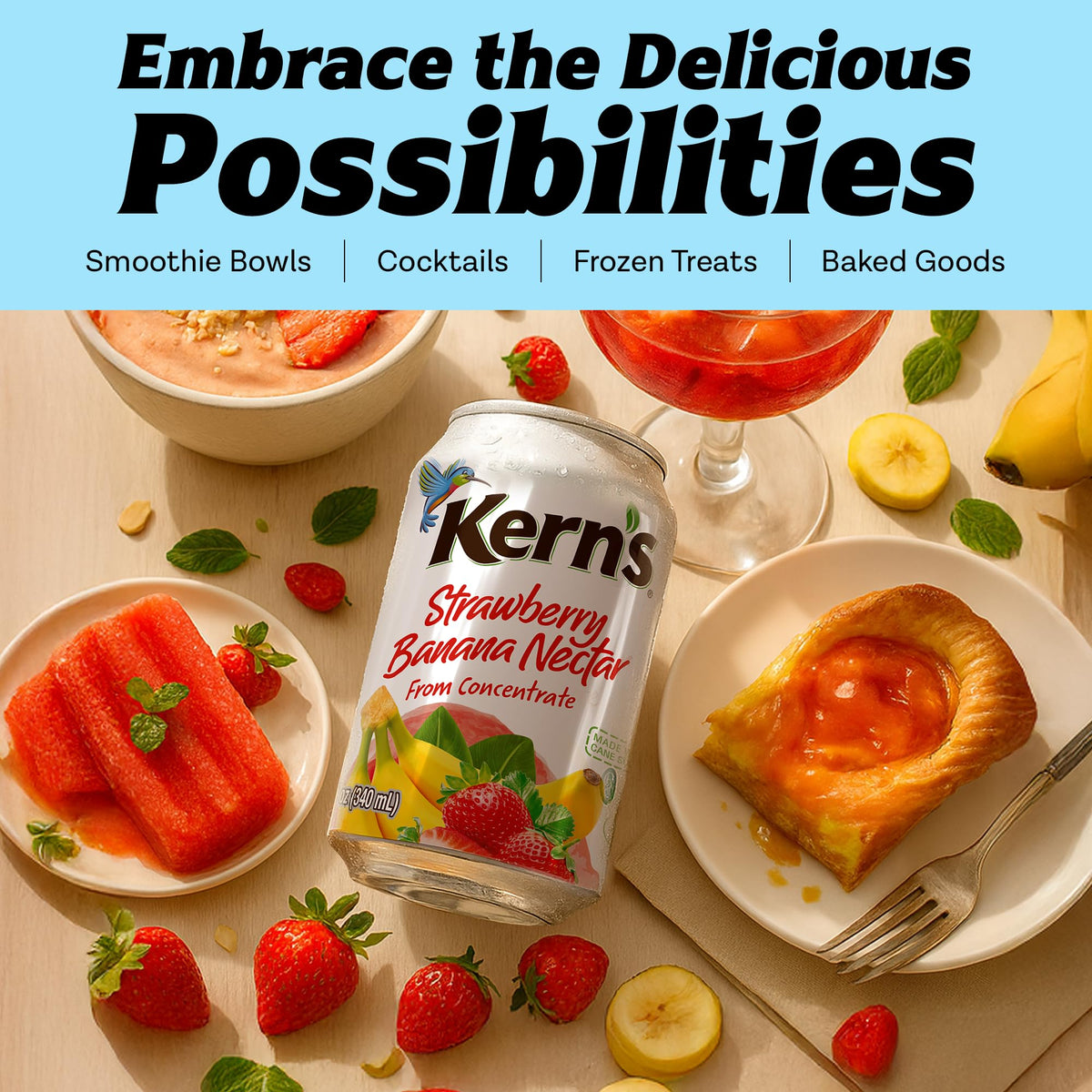 Kern's Strawberry Banana Nectar Juice – Fresh Fruit Puree, Tropical Flavor, 11.5oz Cans (24 Pack)