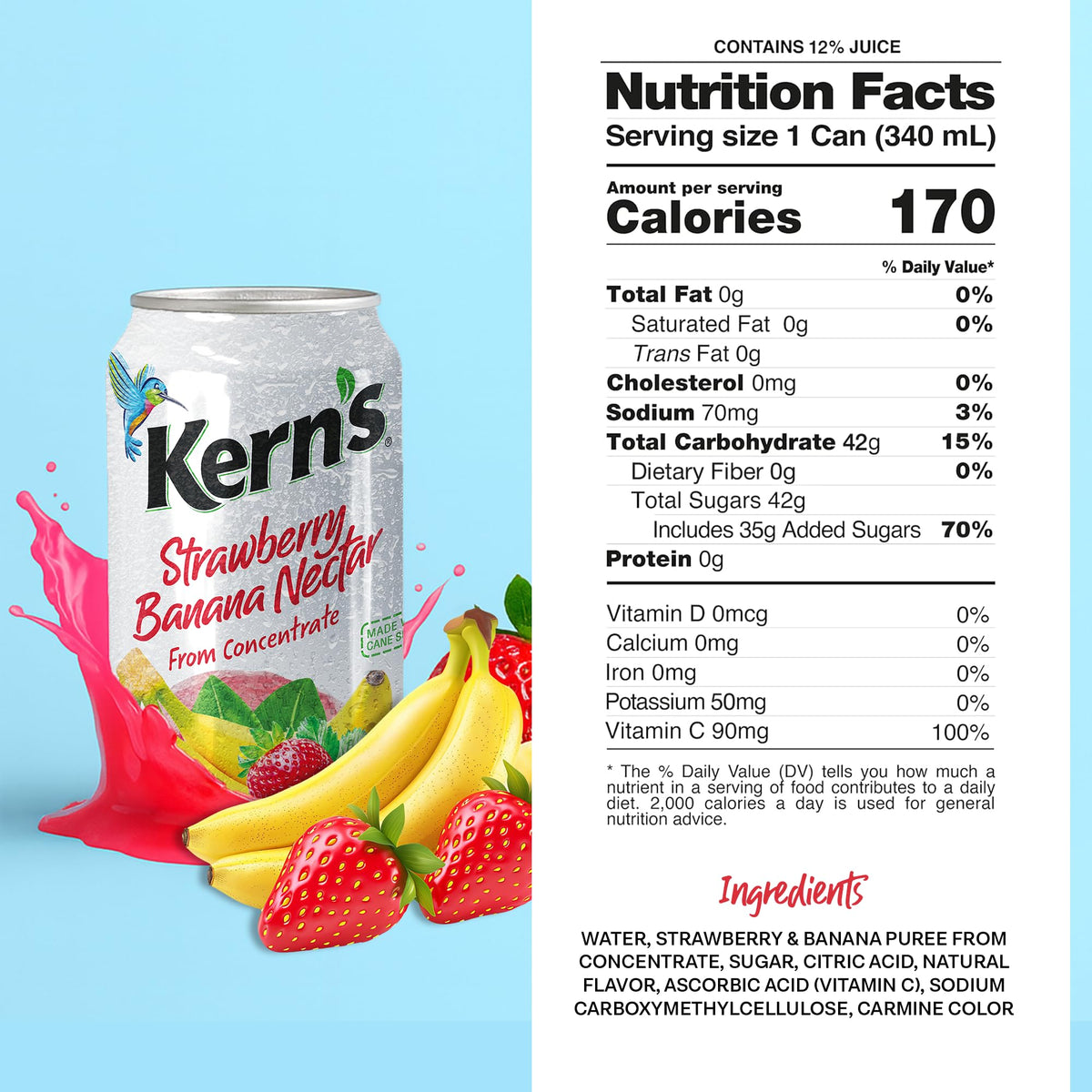 Kern's Strawberry Banana Nectar Juice – Fresh Fruit Puree, Tropical Flavor, 11.5oz Cans (24 Pack)