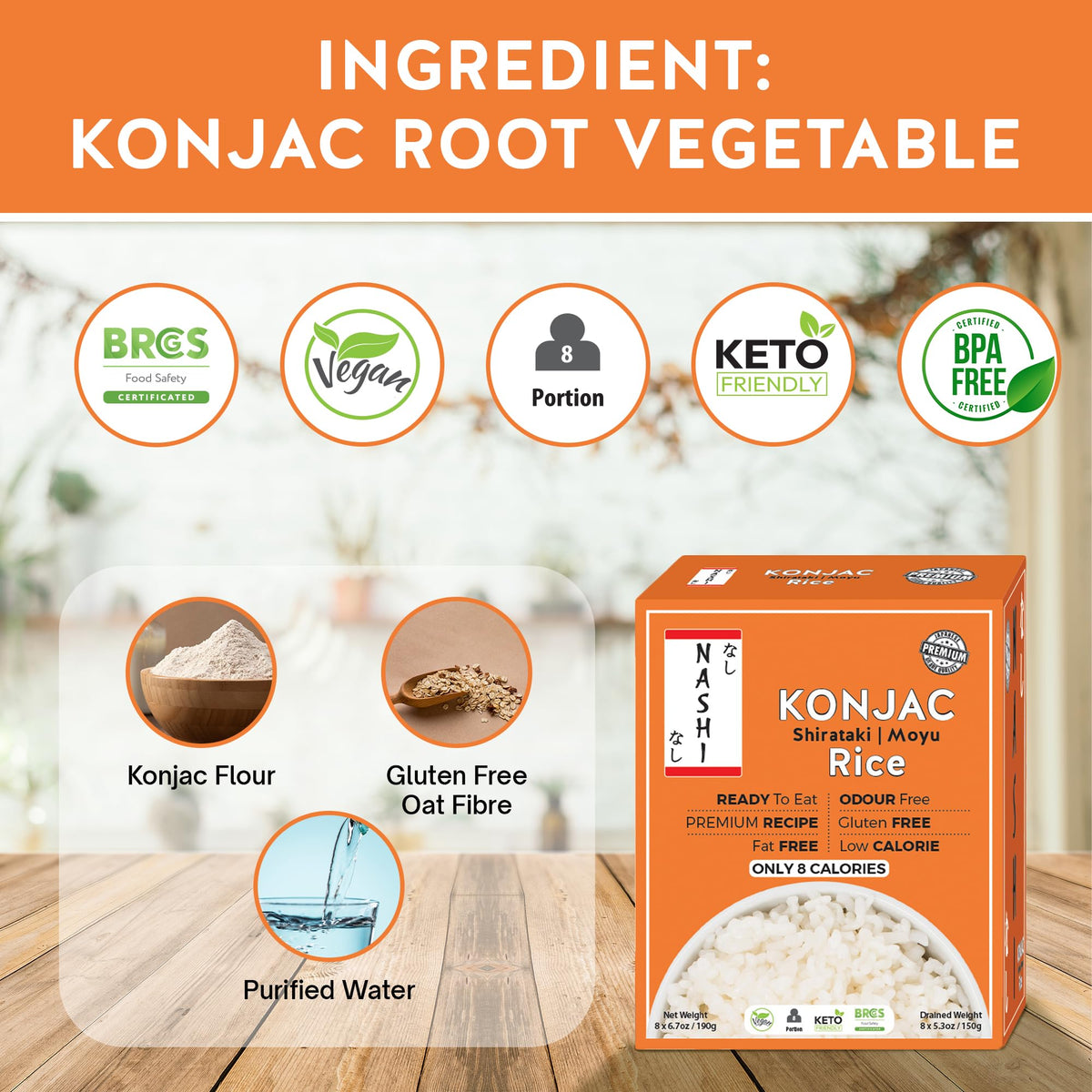Keto Skinny Nashi Shirataki Konjac Moyu Rice – Low Calorie, Zero Fat, Vegan Ready-to-Eat (8×190g)