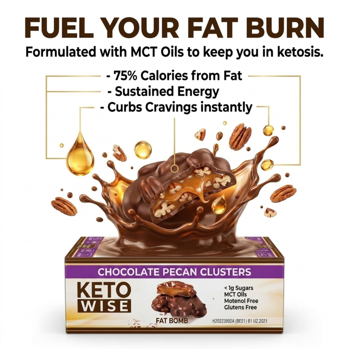 Keto Wise Fat Bombs — MCT Oil Chocolate Pecan Clusters, Low Carb Keto Snack (16 Count)