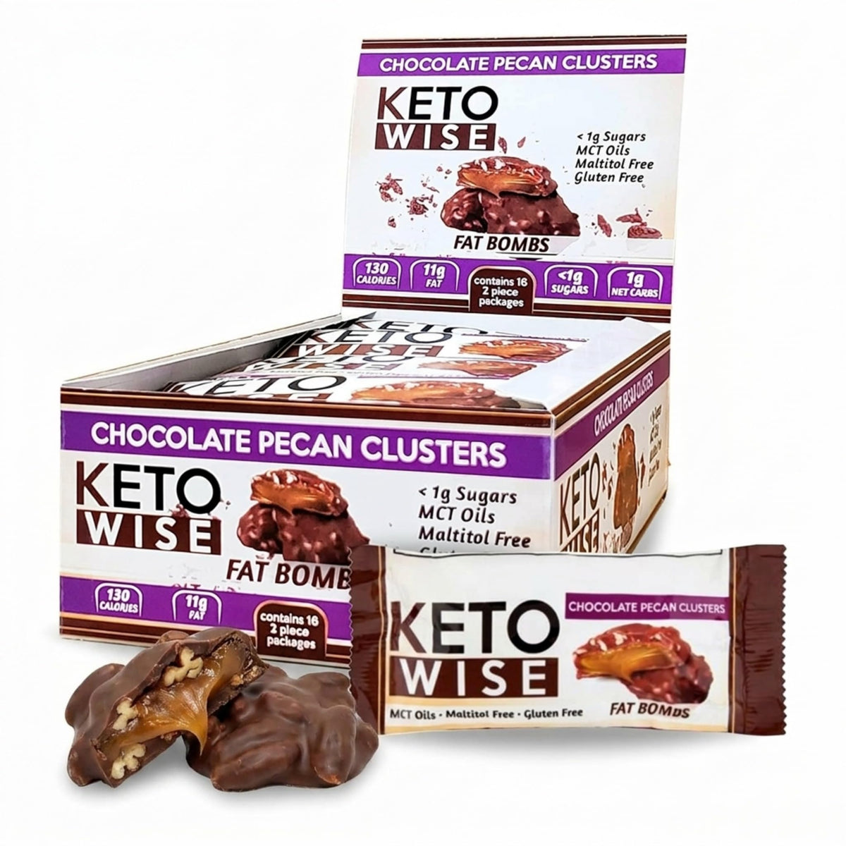 Keto Wise Fat Bombs — MCT Oil Chocolate Pecan Clusters, Low Carb Keto Snack (16 Count)