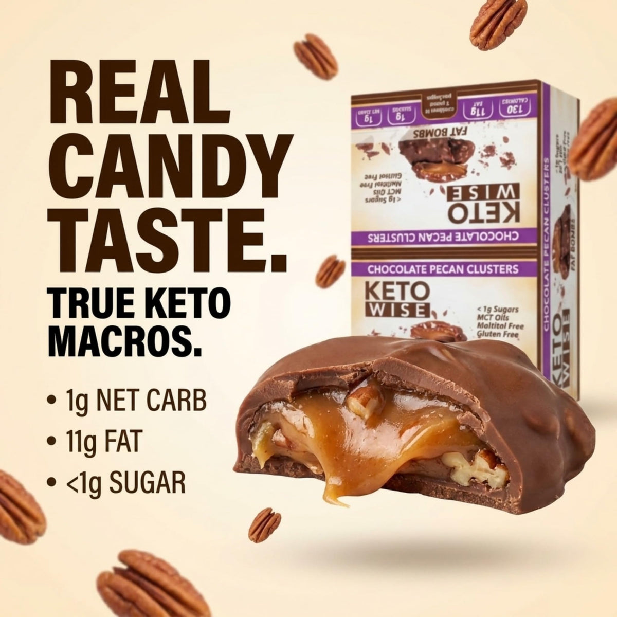 Keto Wise Fat Bombs — MCT Oil Chocolate Pecan Clusters, Low Carb Keto Snack (16 Count)
