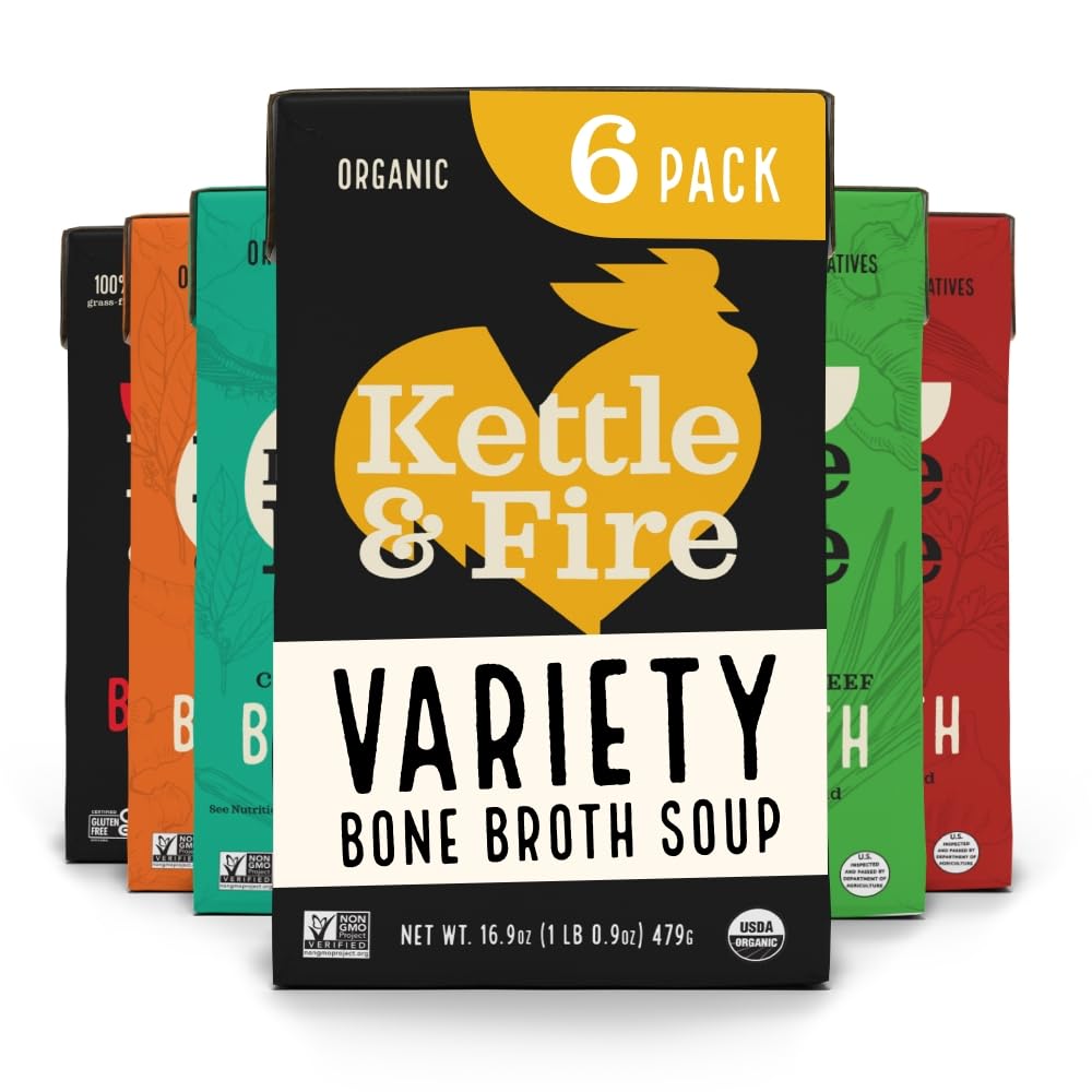 Bone Broth Variety Pack by Kettle & Fire – 6 Pack (Beef, Chicken, Flavors)