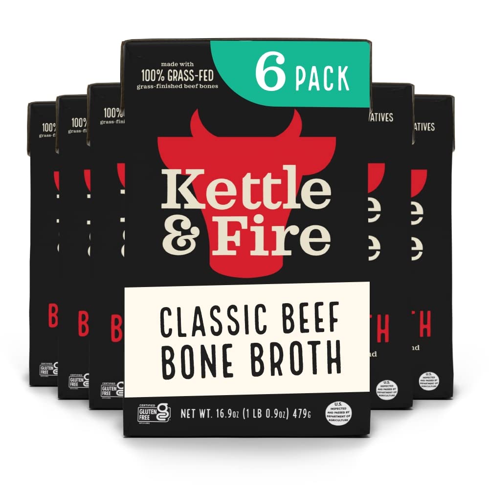 Kettle & Fire Classic Beef Bone Broth – Keto, Paleo, Whole30, Gluten Free | High Protein & Collagen (6 Pack)