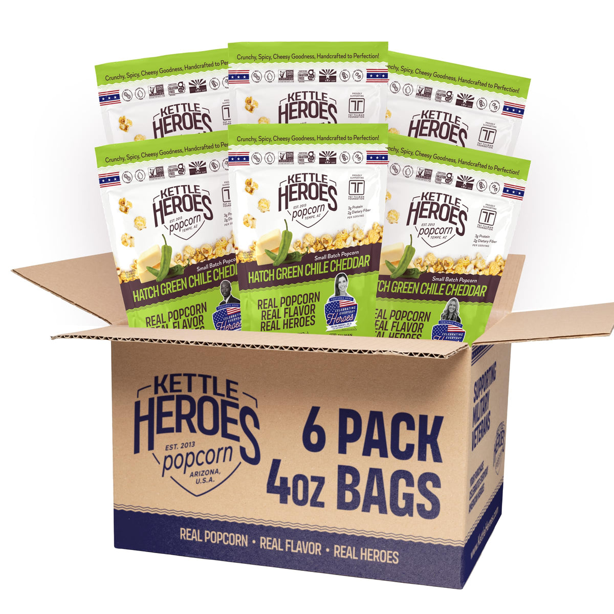 Kettle Heroes Hatch Green Chile Cheddar Popcorn — Small Batch, No Sugar, Kosher, Gluten Free, Non-GMO, 4 oz Pack of 6
