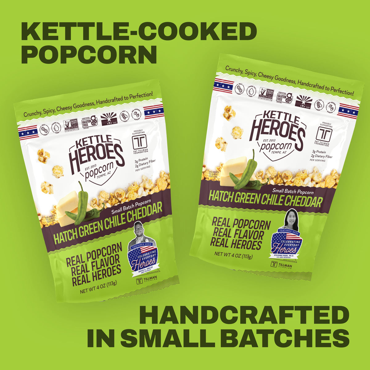 Kettle Heroes Hatch Green Chile Cheddar Popcorn — Small Batch, No Sugar, Kosher, Gluten Free, Non-GMO, 4 oz Pack of 6