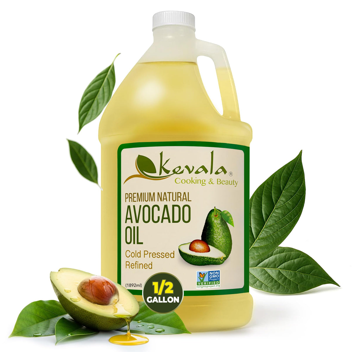 Kevala Avocado Oil – Cold Pressed, Non-GMO Project Verified & Kosher | High-Heat Cooking & Skin Care – 64 Fl Oz