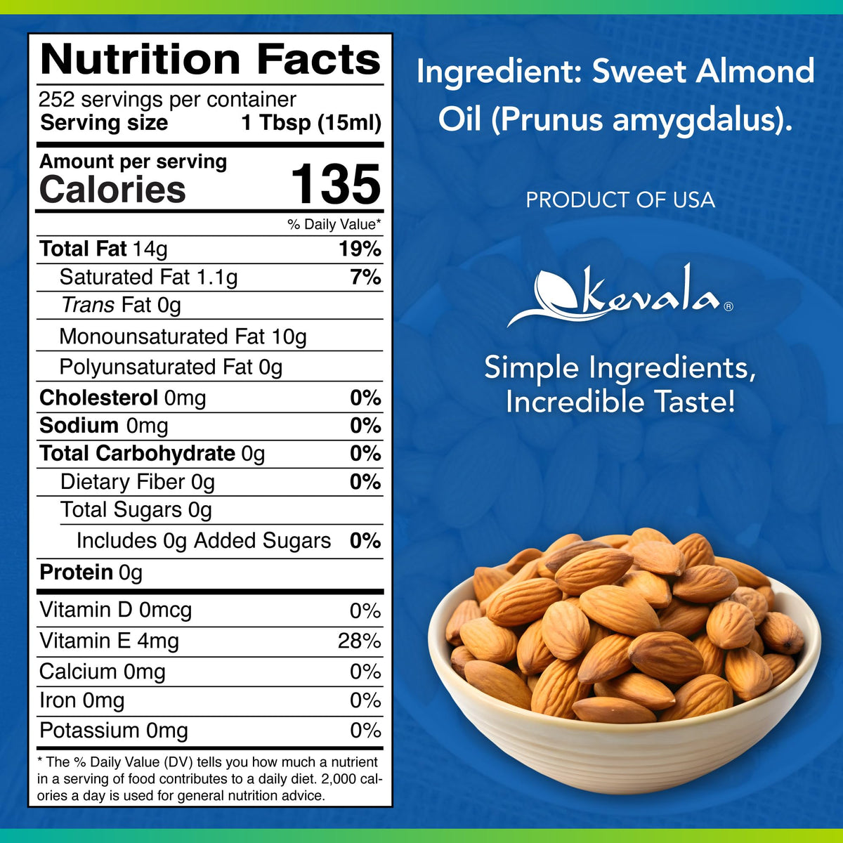 Kevala Sweet Almond Oil – Premium Cold-Pressed Oil for Cooking, Skin & Hair | 1 gal
