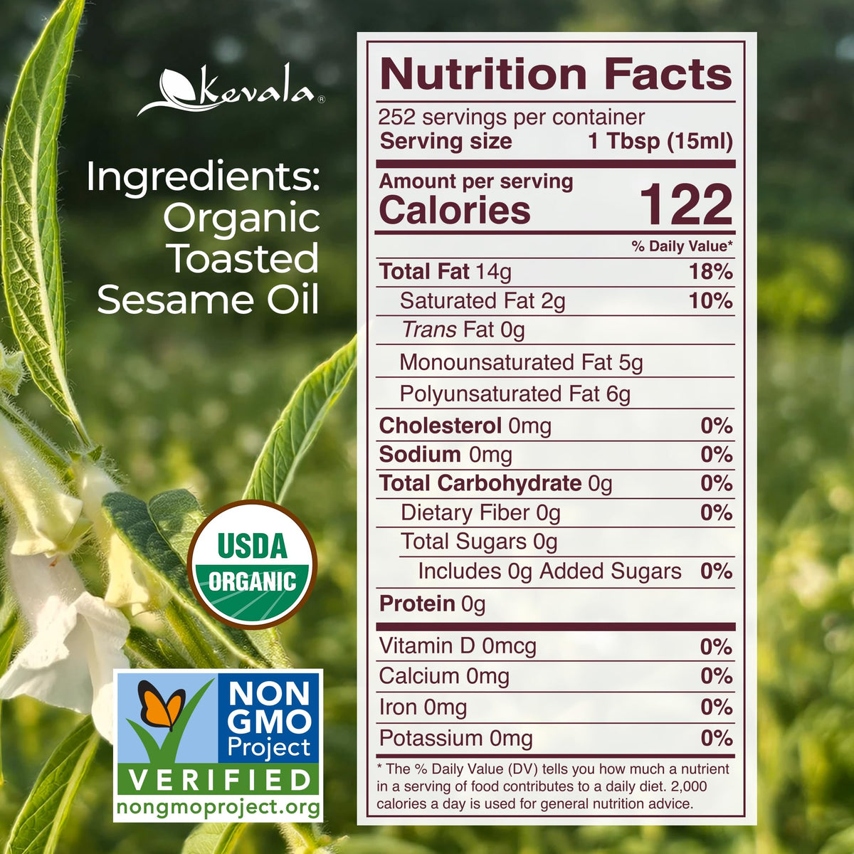 Kevala Organic Toasted Sesame Oil – Cold-Pressed, Unrefined, 64 oz | USDA Organic, Kosher, Non-GMO