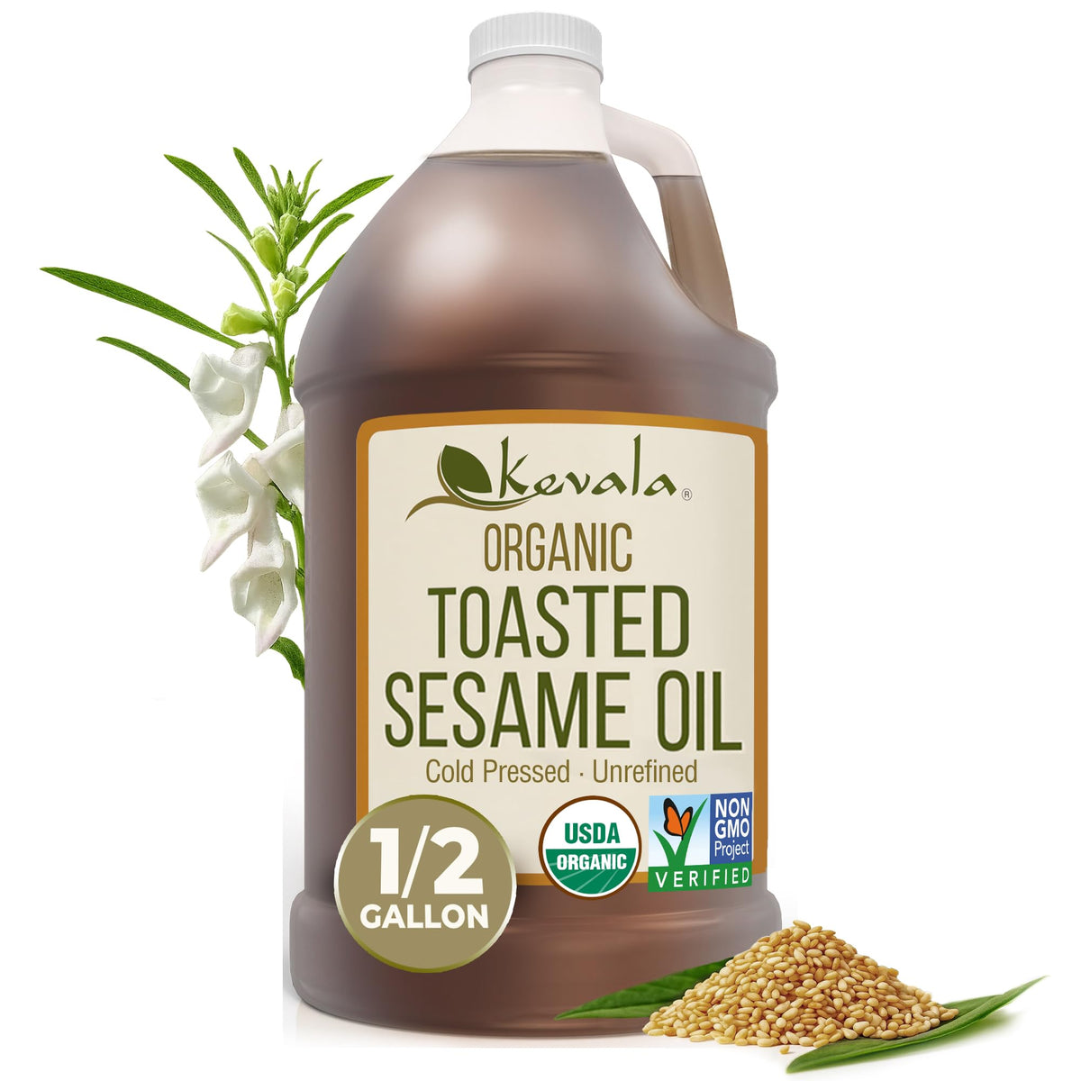Kevala Organic Toasted Sesame Oil – Cold-Pressed, Unrefined, 64 oz | USDA Organic, Kosher, Non-GMO