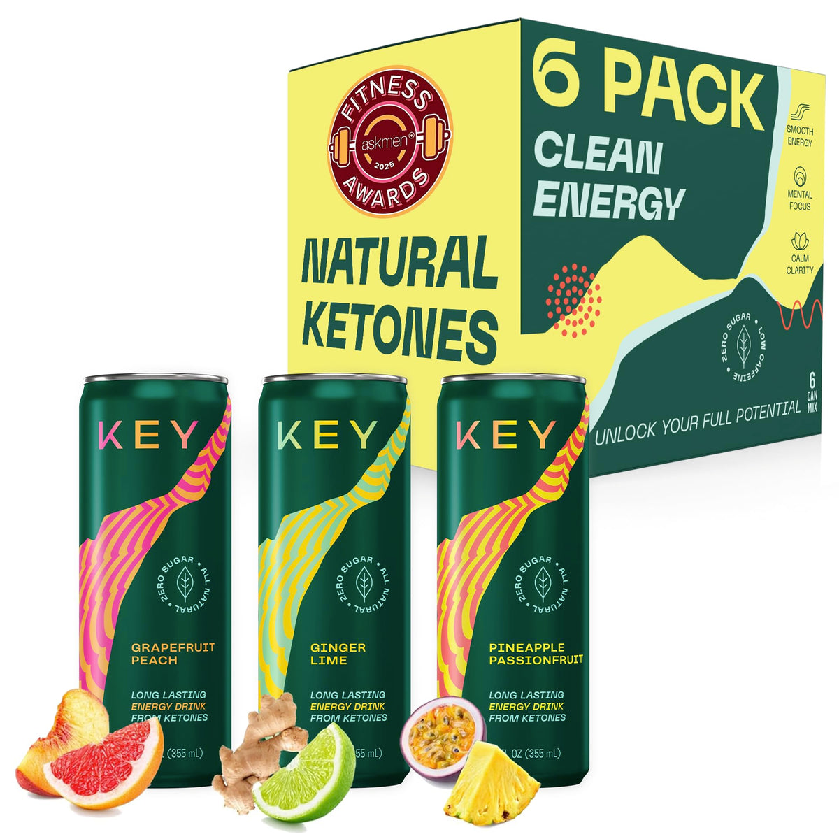 KEY Ketone Drink – Sugar Free Energy & Focus (Low Caffeine) Pack of 6