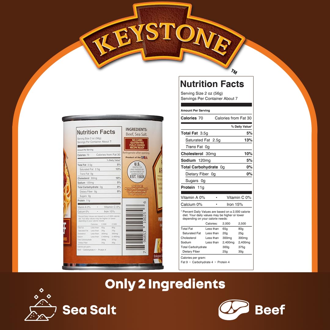 Keystone Meats All Natural Heat-and-Serve Ground Beef 14 oz – Fully Cooked, Shelf-Stable Canned Meat – Made in USA (Pack of 24)