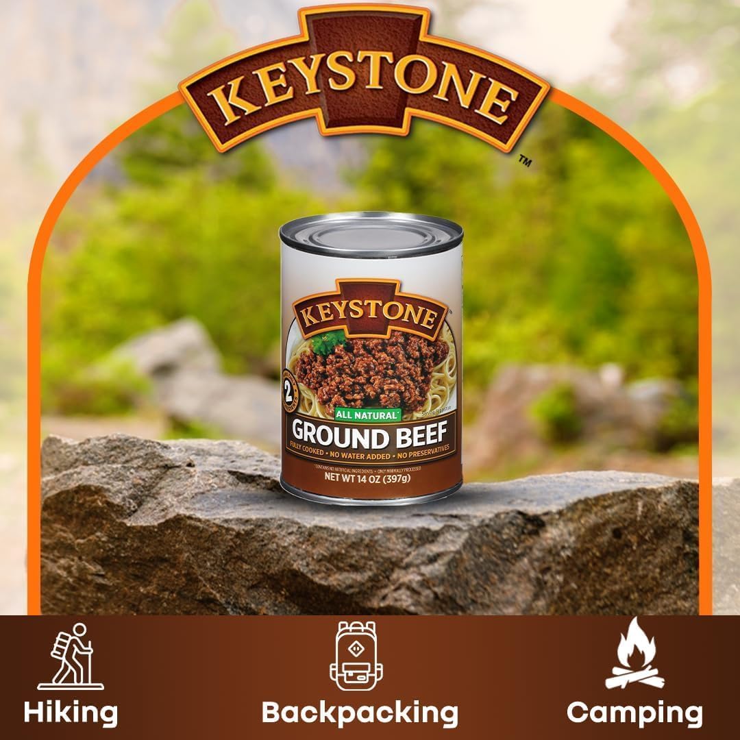 Keystone Meats All Natural Heat-and-Serve Ground Beef 14 oz – Fully Cooked, Shelf-Stable Canned Meat – Made in USA (Pack of 24)