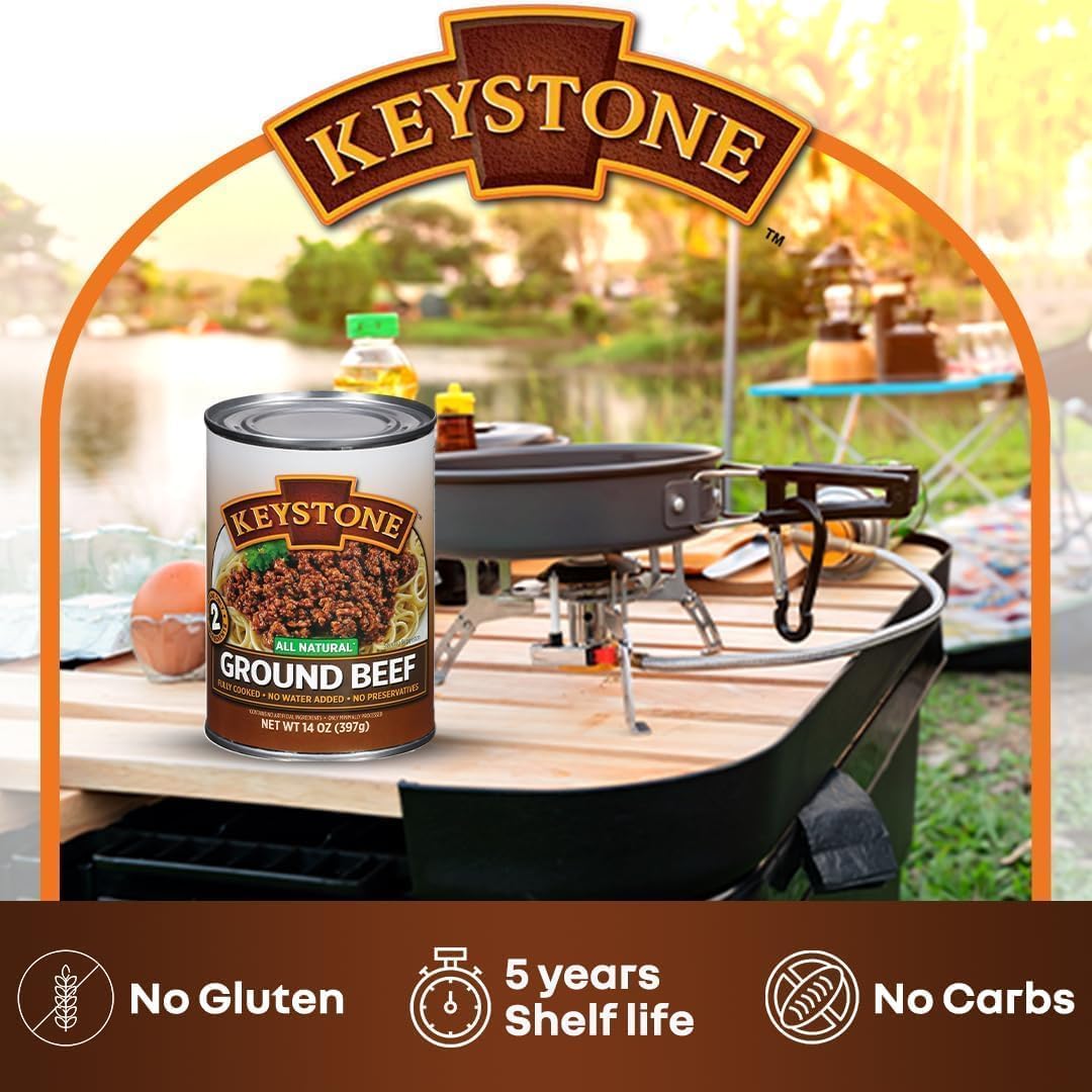 Keystone Meats All Natural Heat-and-Serve Ground Beef 14 oz – Fully Cooked, Shelf-Stable Canned Meat – Made in USA (Pack of 24)