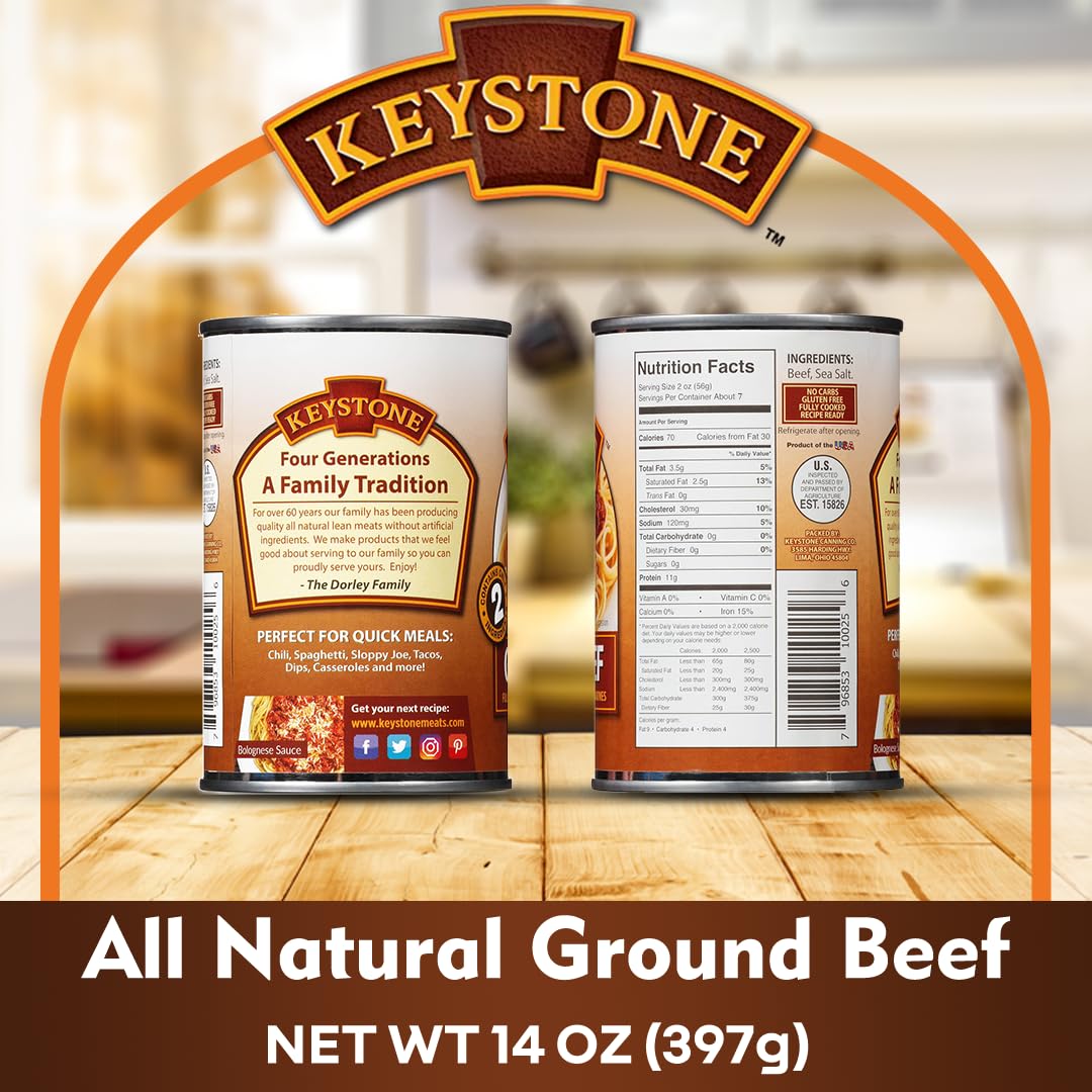 Keystone Meats All Natural Heat & Serve Ground Beef – Fully Cooked, Gluten-Free, 14 oz Cans, 5-Year Shelf Life, Made in USA (6-pack)