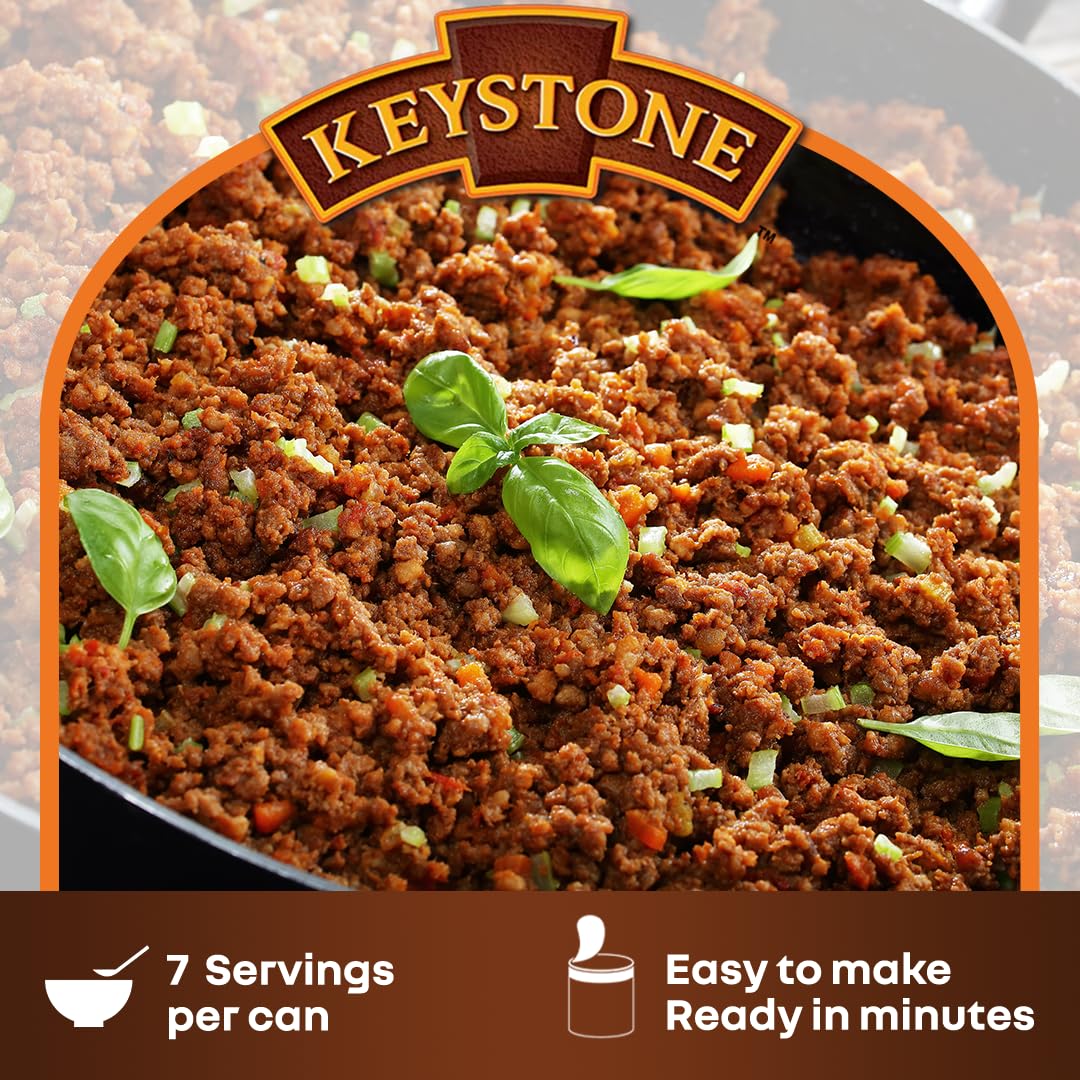 Keystone Meats All Natural Heat & Serve Ground Beef – Fully Cooked, Gluten-Free, 14 oz Cans, 5-Year Shelf Life, Made in USA (6-pack)
