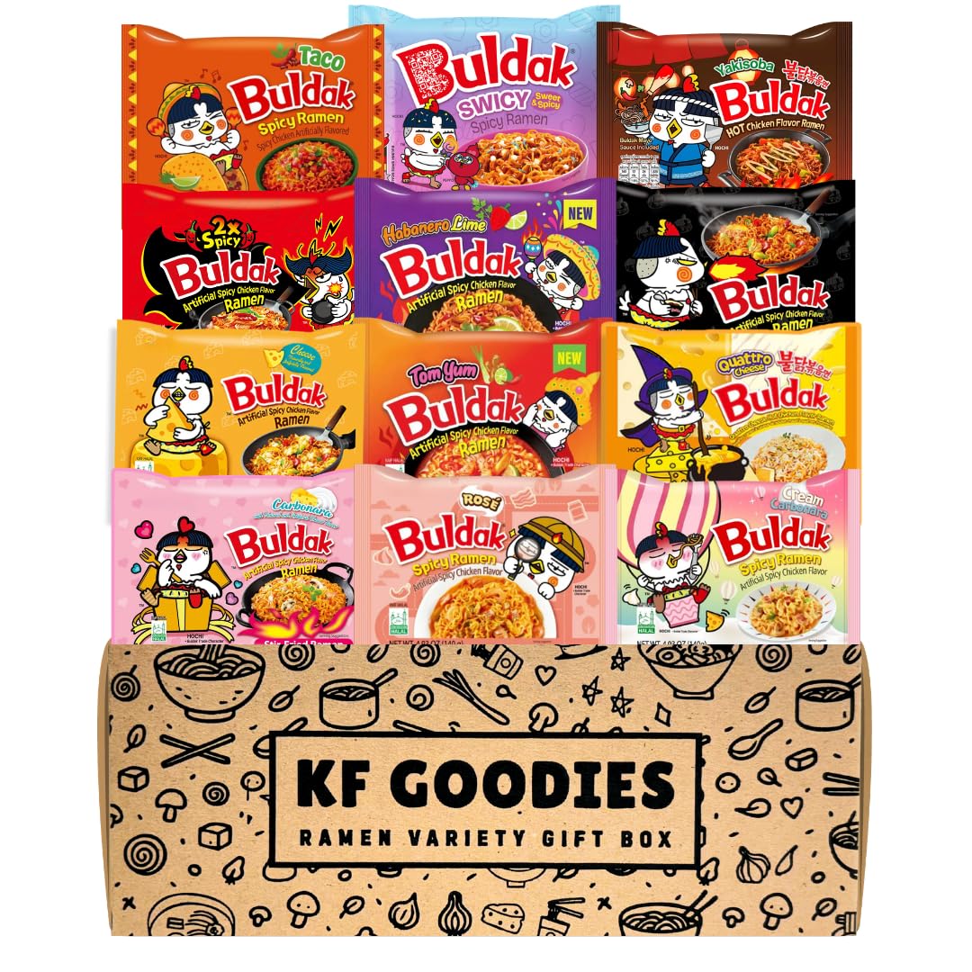 KF GOODIES Korean Ramen Variety Pack Gift Box (12 Count) – Spicy Buldak Noodle Assortment for Gifting, Care Packages & Office Snacks
