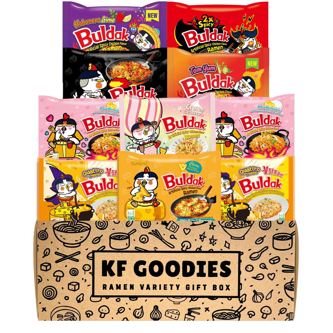KF GOODIES Korean Ramen Variety Pack Gift Box (10 Count) – Spicy Buldak Noodle Flavors for Gifts, Care Packages, and Office Snacking