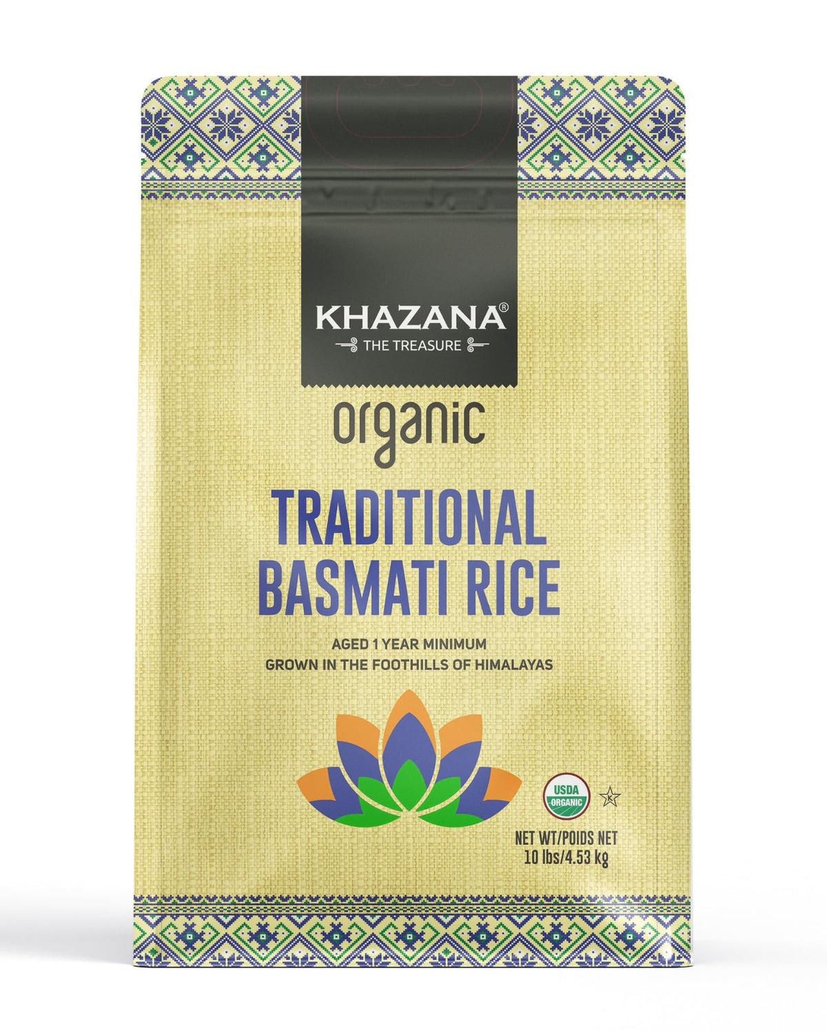Khazana Authentic Organic Basmati Rice 10lb – Aromatic, Premium Flavor, Non-GMO, Gluten Free, Kosher