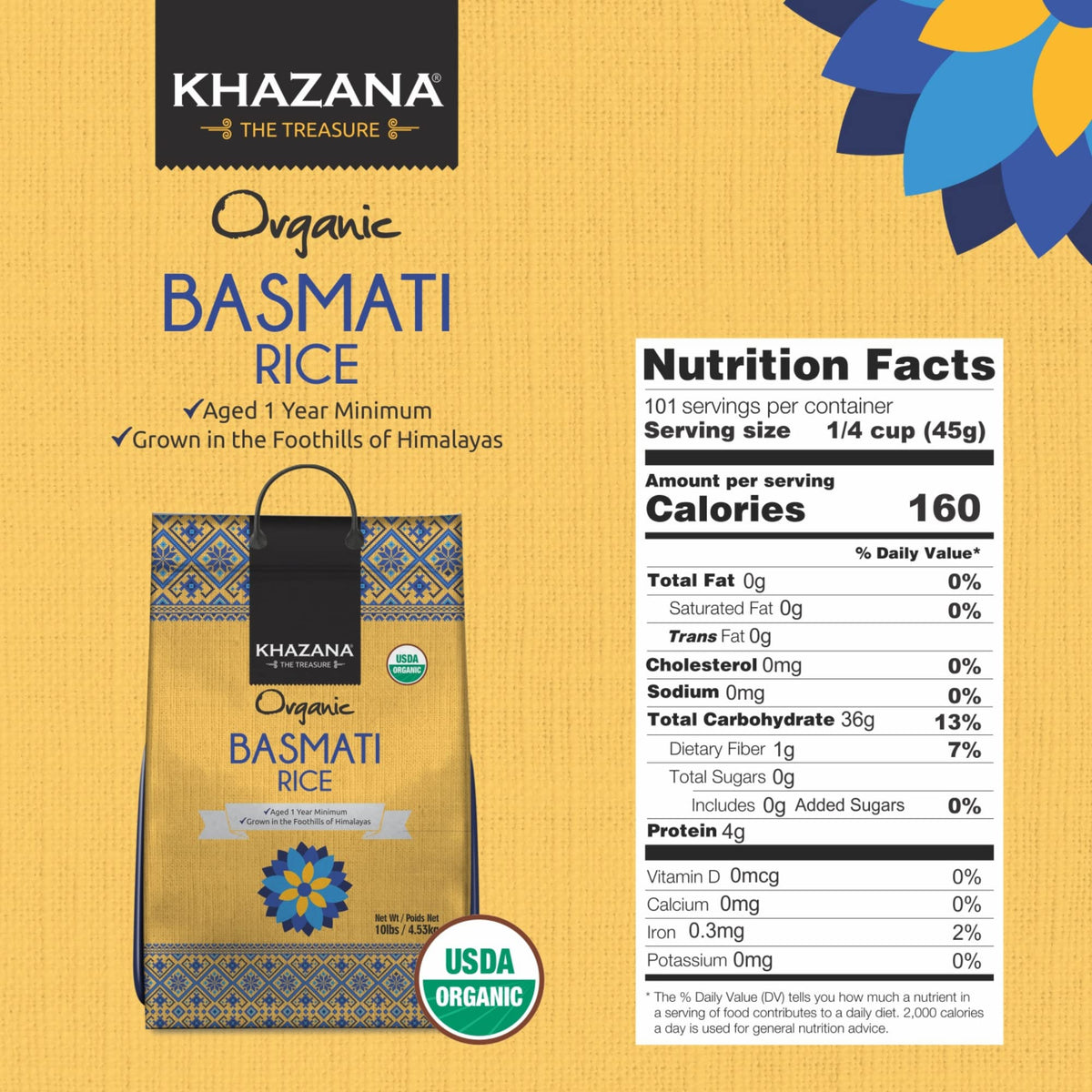 Khazana Authentic Organic Basmati Rice 10lb – Aromatic, Premium Flavor, Non-GMO, Gluten Free, Kosher