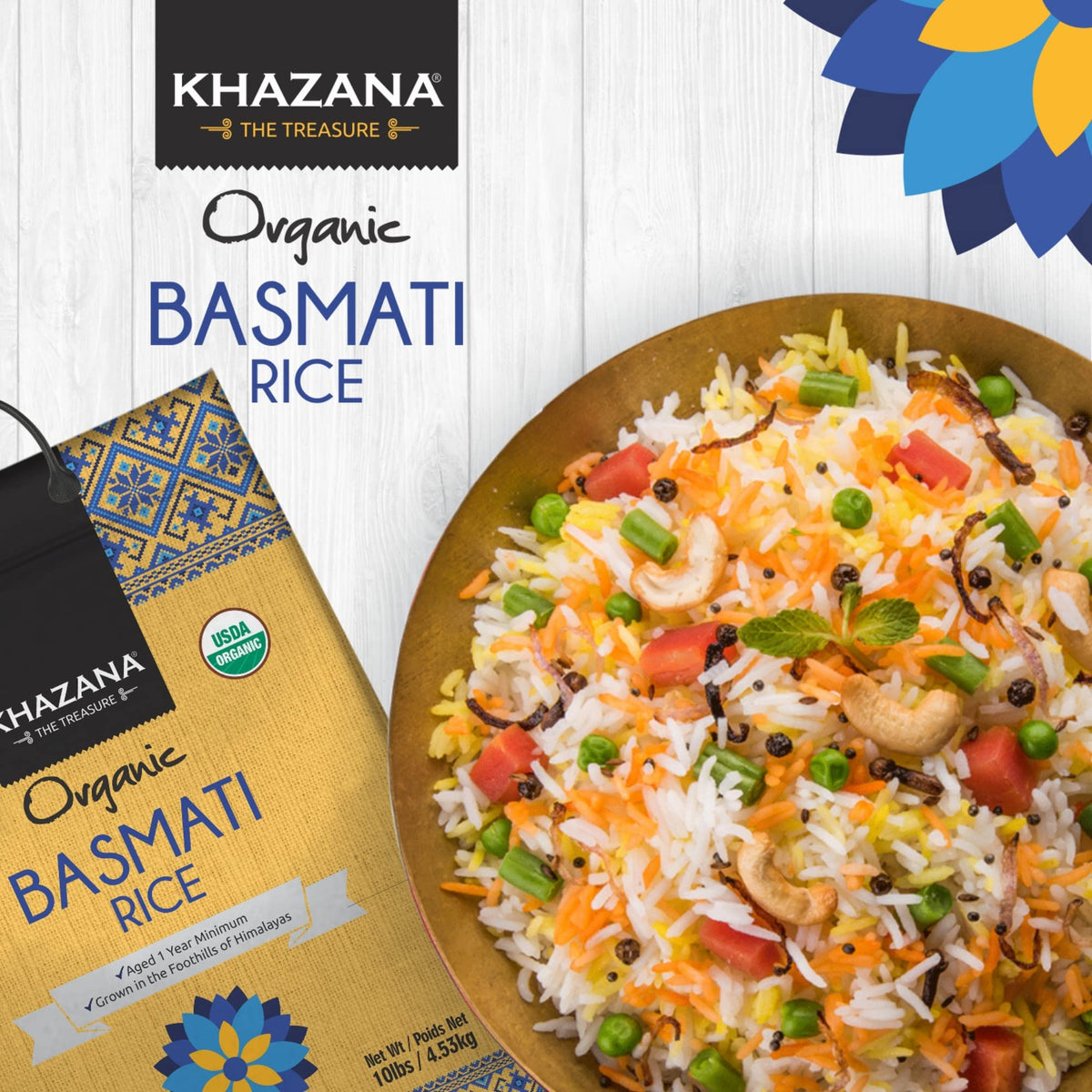 Khazana Authentic Organic Basmati Rice 10lb – Aromatic, Premium Flavor, Non-GMO, Gluten Free, Kosher