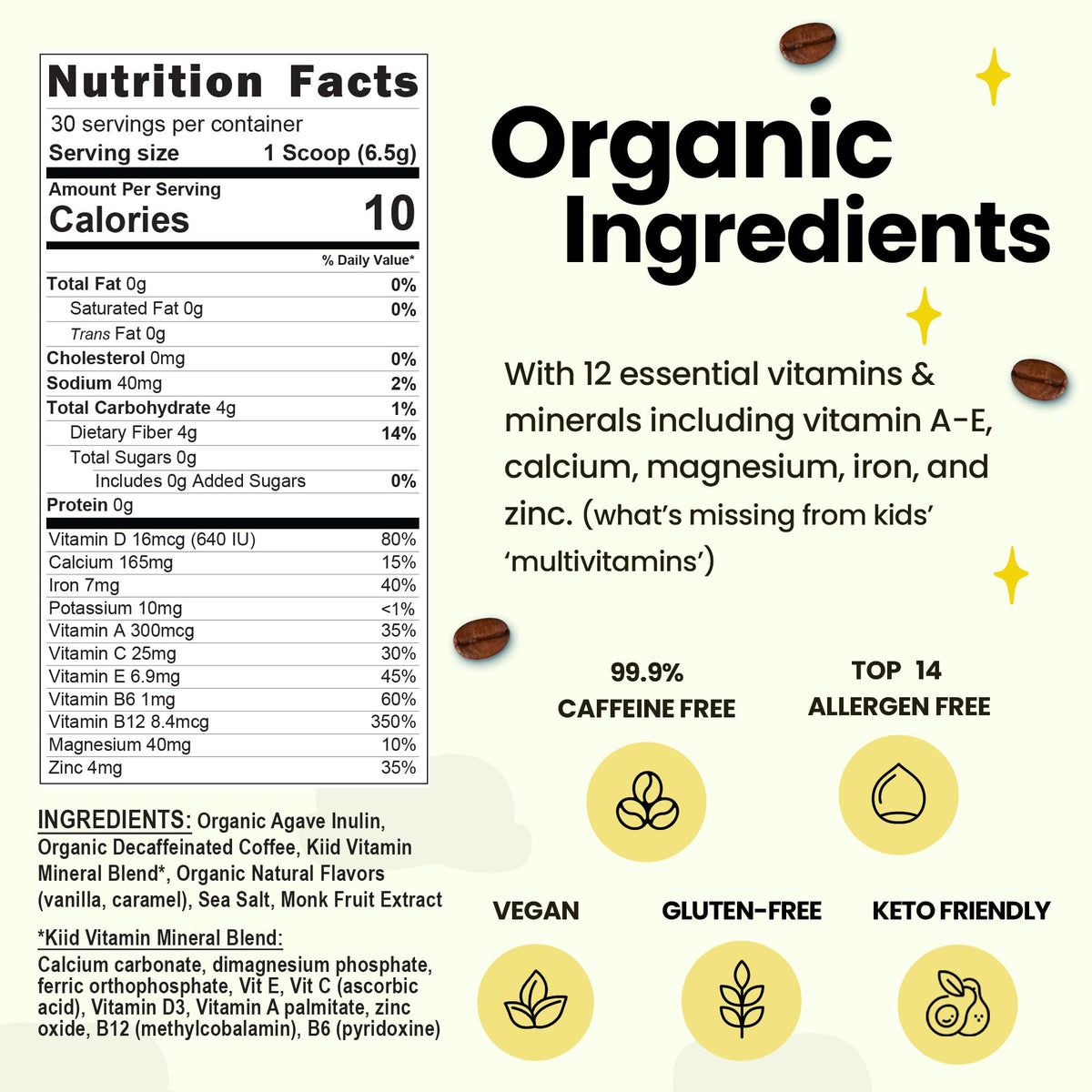 Kiid Coffee - 99.9% Caffeine-Free Organic Kids’ Coffee | 12 Vitamins & 4g Prebiotics