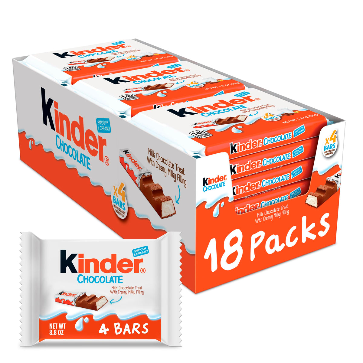 Kinder Chocolate Bars – 18-Pack, Creamy Milky Filling, Individually Wrapped