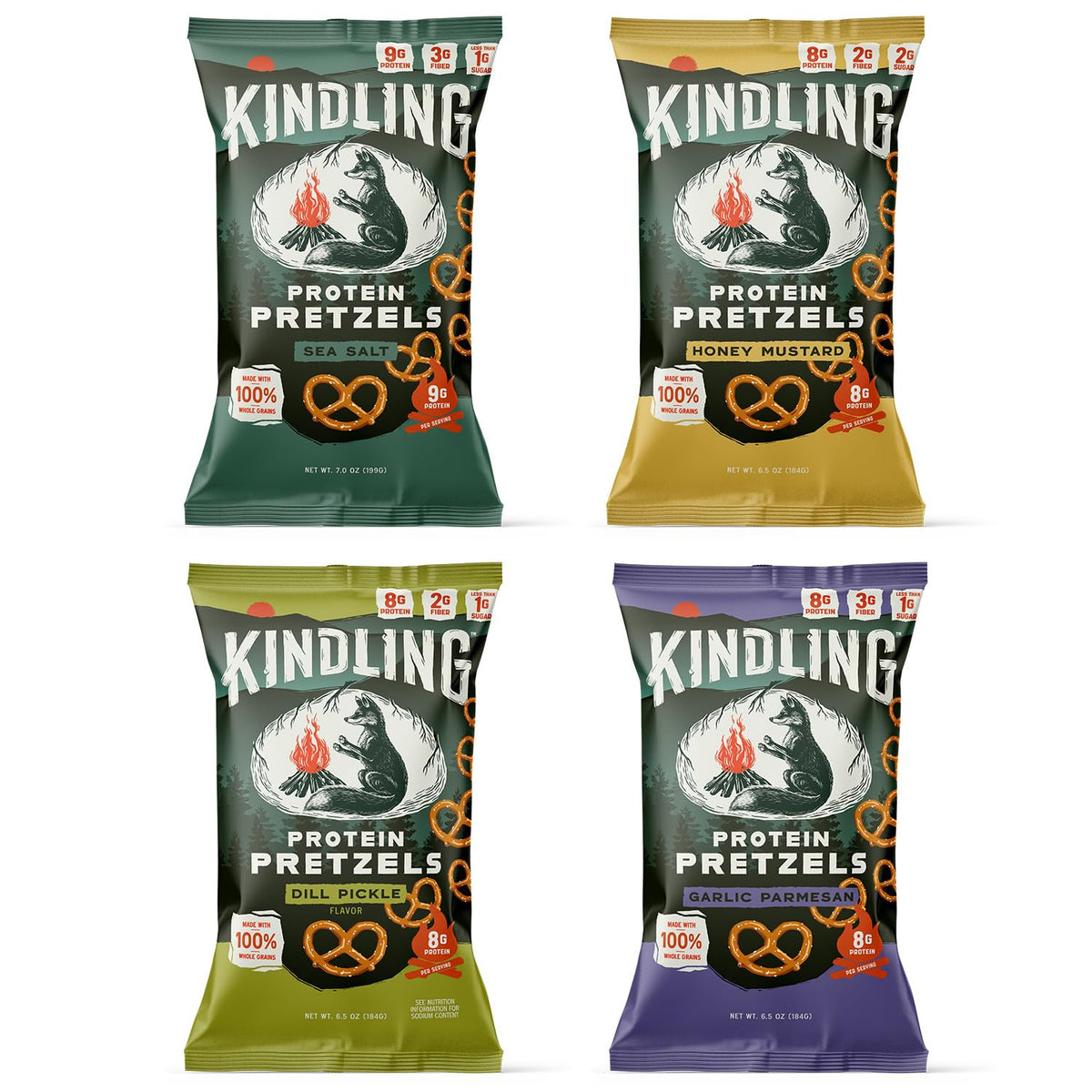 Kindling Protein Pretzels Variety Pack - Sea Salt, Dill Pickle, Honey Mustard, Garlic Parmesan | 8-9g Protein per Serving