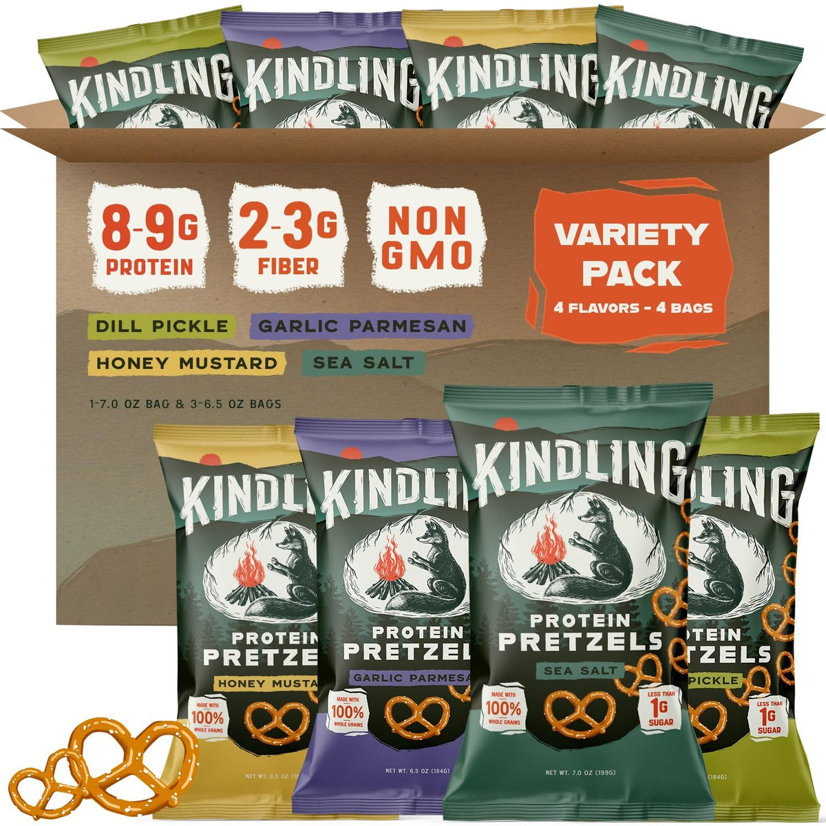 Kindling Protein Pretzels Variety Pack - Sea Salt, Dill Pickle, Honey Mustard, Garlic Parmesan | 8-9g Protein per Serving