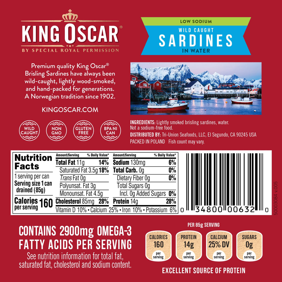 King Oscar Wild Caught Brisling Sardines in Pure Spring Water – 3.75 oz, Pack of 12