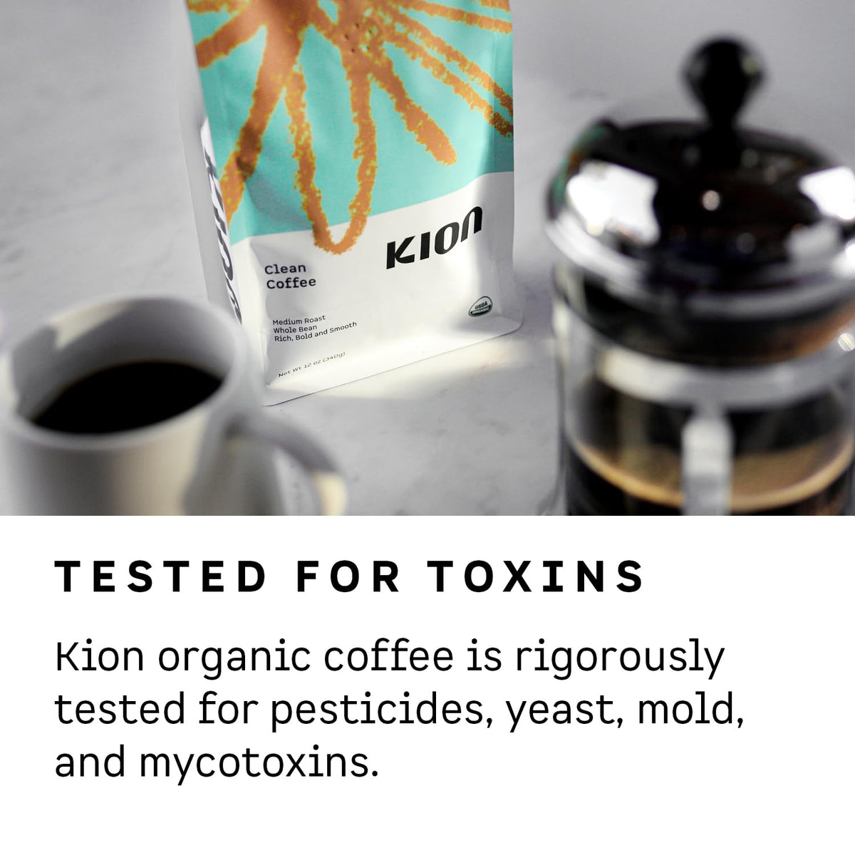 Kion Organic Whole Bean Coffee – Tested for Toxins, Ethically Sourced, Medium Roast 12 oz