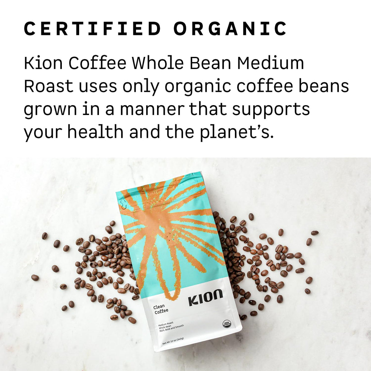 Kion Organic Whole Bean Coffee – Tested for Toxins, Ethically Sourced, Medium Roast 12 oz