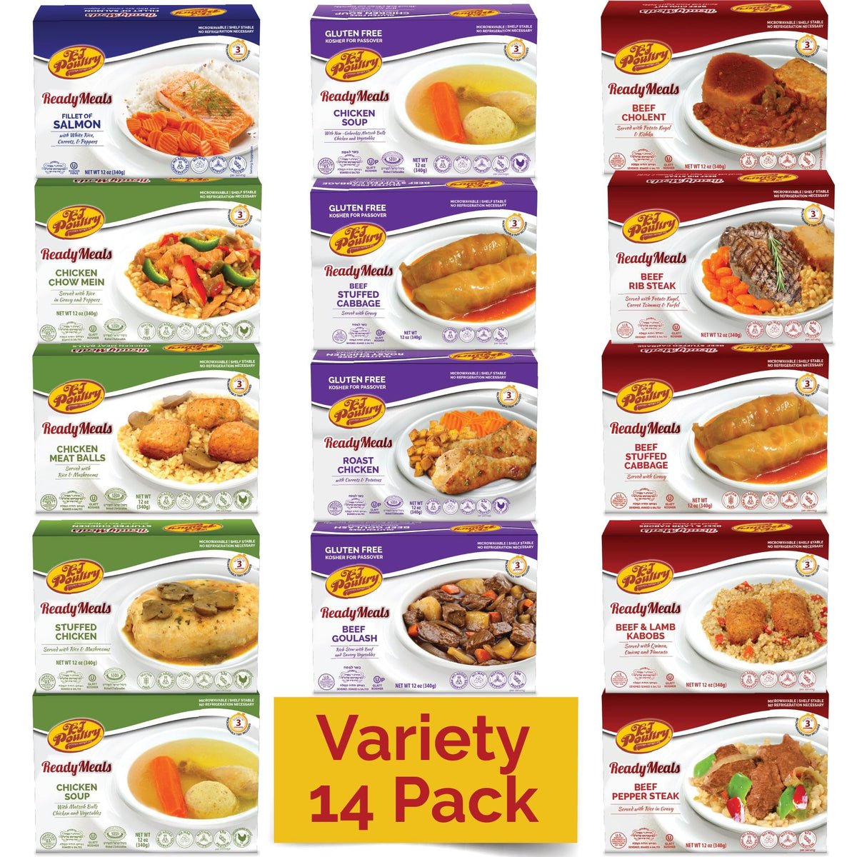 KJ Poultry Kosher Ready Meals - 14 Pack Variety (Chicken, Beef, Salmon) Fully Cooked & Shelf-Stable
