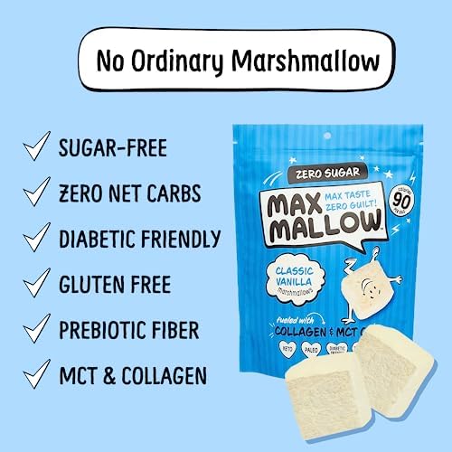 Know Brainer Max Mallow Sugar Free Marshmallows – Keto Friendly Vanilla, Perfect for S'mores, Hot Chocolate, and Baking | 6 Pack