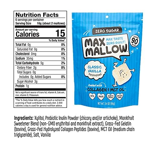 Know Brainer Max Mallow Sugar Free Marshmallows – Keto Friendly Vanilla, Perfect for S'mores, Hot Chocolate, and Baking | 6 Pack