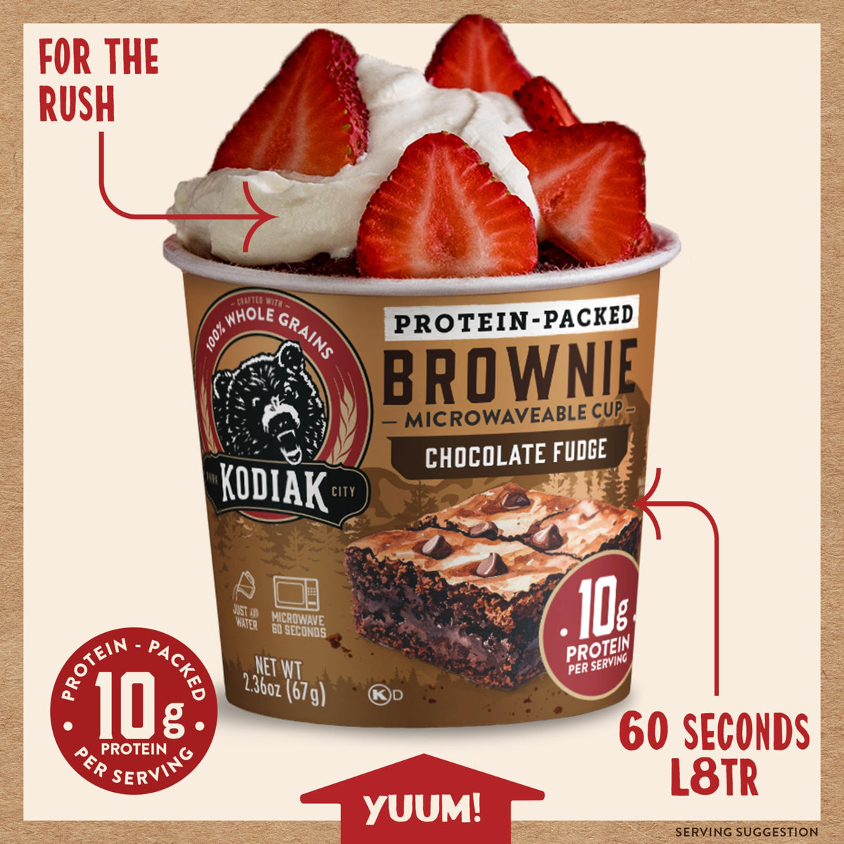Kodiak Cakes Chocolate Fudge Brownie in a Cup — 12 Pack, 2.36 oz Each | 10 g Protein, Whole Grain
