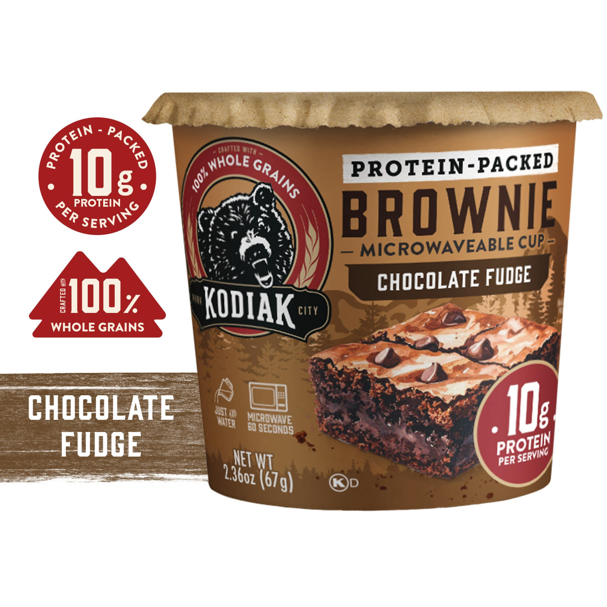Kodiak Cakes Chocolate Fudge Brownie in a Cup — 12 Pack, 2.36 oz Each | 10 g Protein, Whole Grain