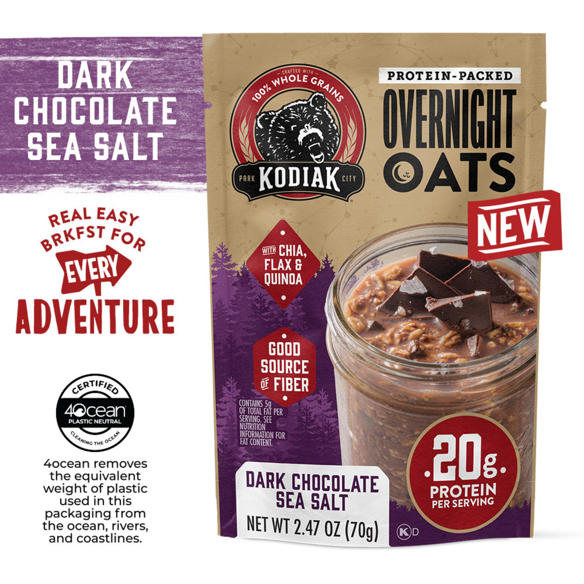 Kodiak Cakes Dark Chocolate Sea Salt Overnight Oats — 20g Protein, High Fiber (Pack of 9 Pouches)
