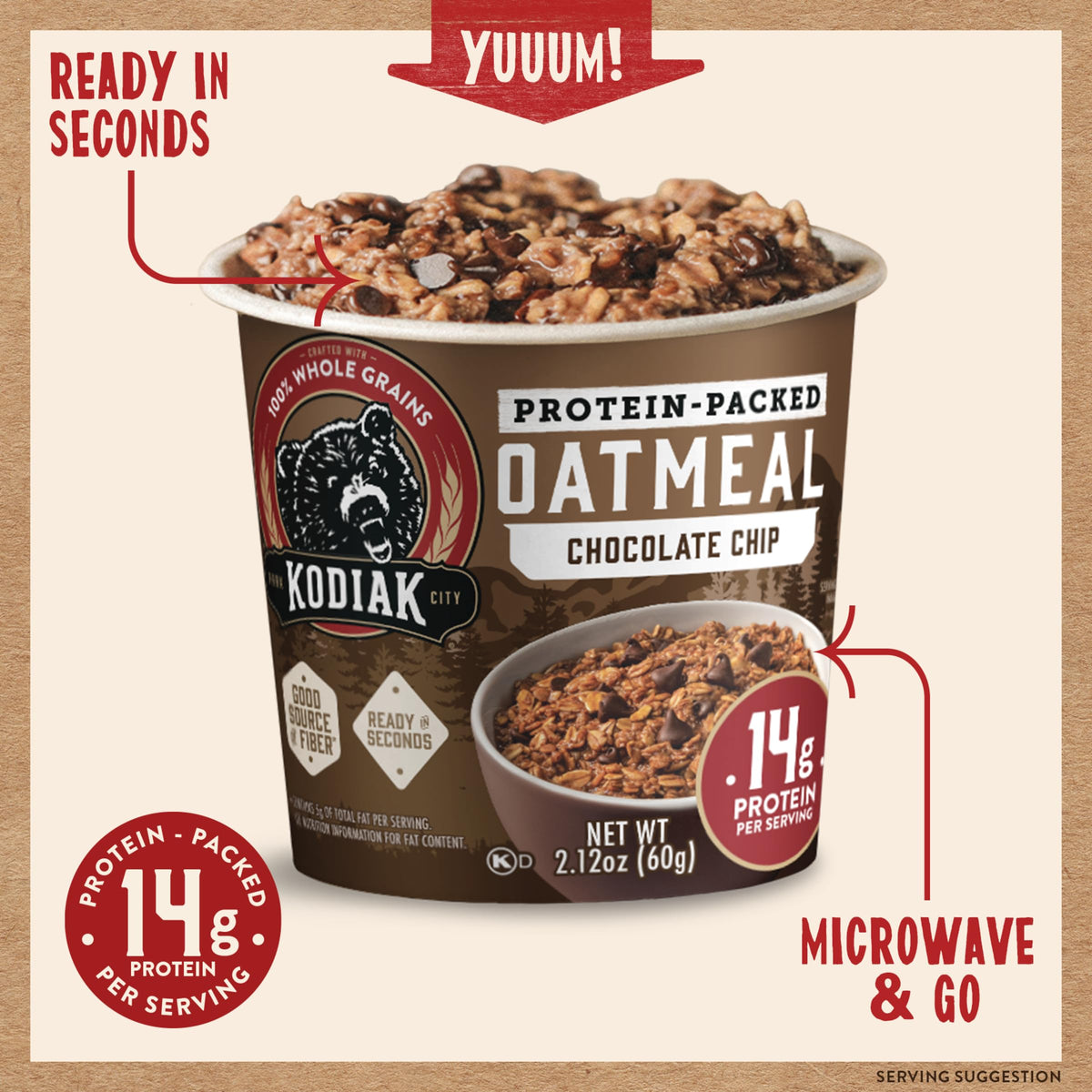 Kodiak Cakes Instant Protein Chocolate Chip Oatmeal in a Cup (2.12 oz, Pack of 12)