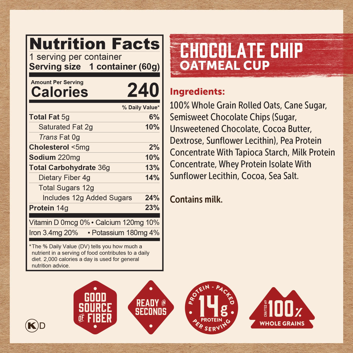 Kodiak Cakes Instant Protein Chocolate Chip Oatmeal in a Cup (2.12 oz, Pack of 12)