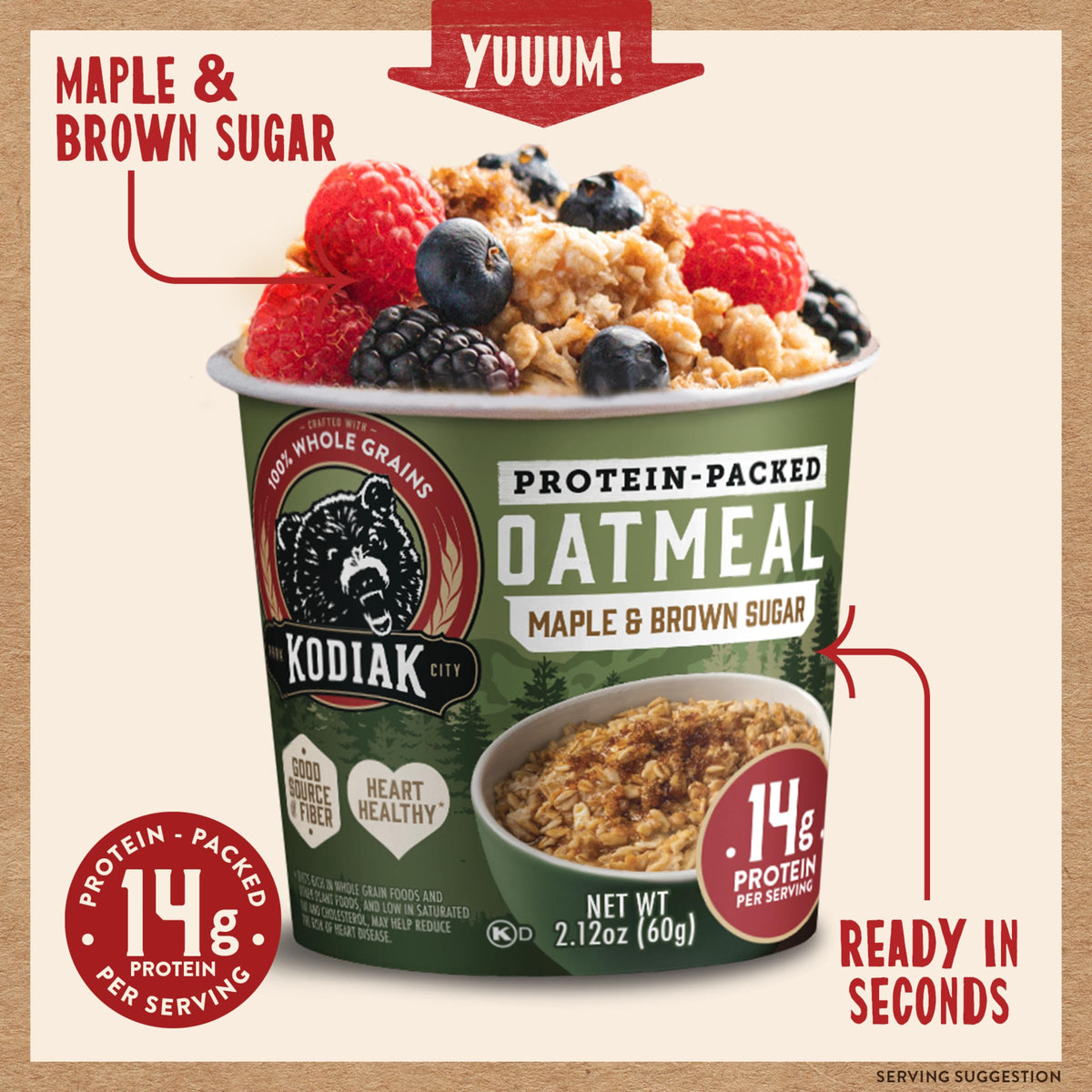 Kodiak Cakes Instant Protein Maple & Brown Sugar Oatmeal in a Cup — 12 Cups (2.12 oz each)