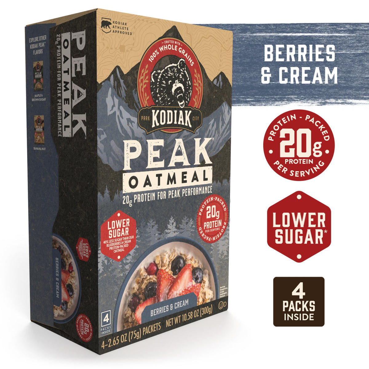 Kodiak Cakes Peak Oatmeal Packets – Berries & Cream, 20g Protein, 100% Whole Grains, 24-Pack