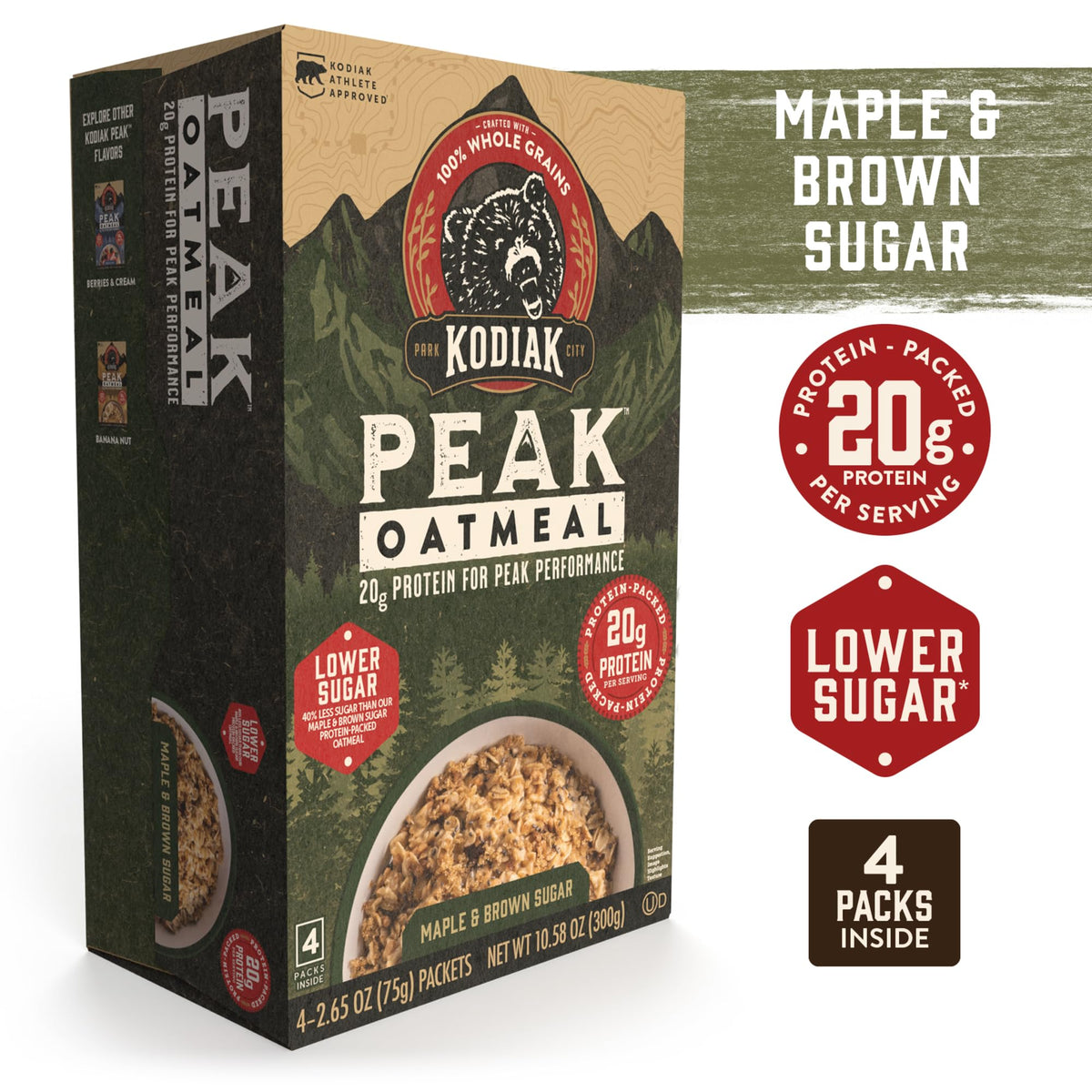 Kodiak Cakes Peak Maple Brown Sugar Oatmeal — 20g Protein, 100% Whole Grains, 24 Pack