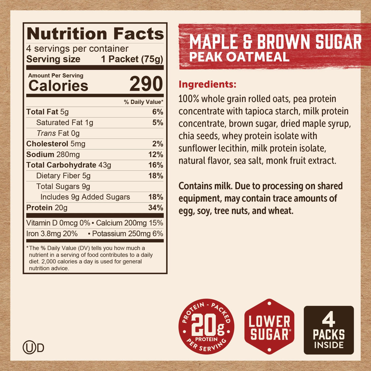 Kodiak Cakes Peak Maple Brown Sugar Oatmeal — 20g Protein, 100% Whole Grains, 24 Pack