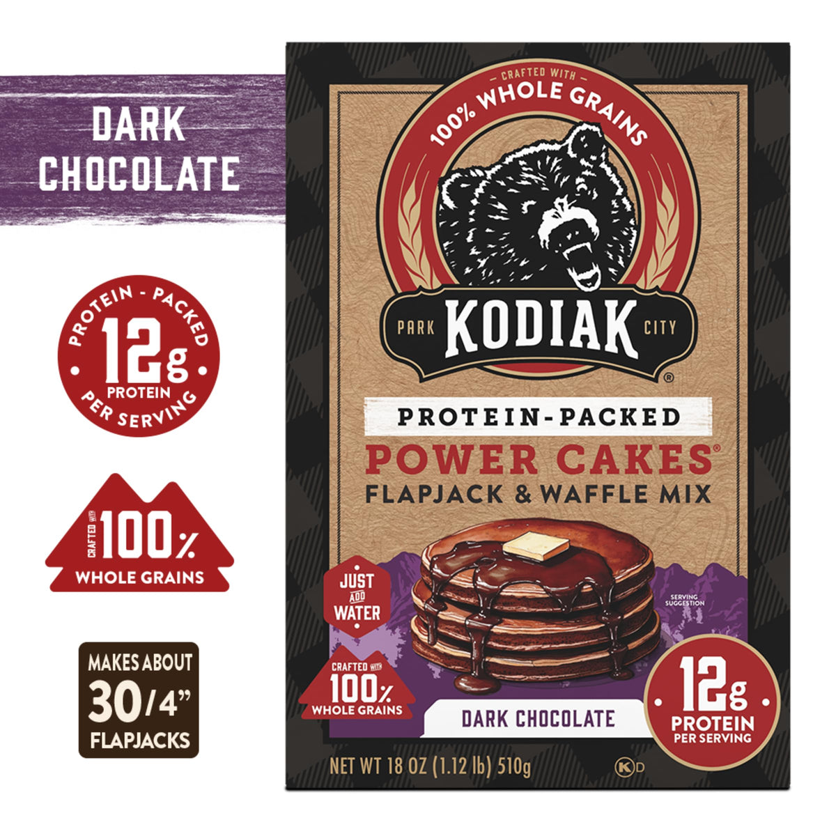 Kodiak Cakes Dark Chocolate Power Cakes – Protein Pancake Mix, 18 oz, Pack of 6