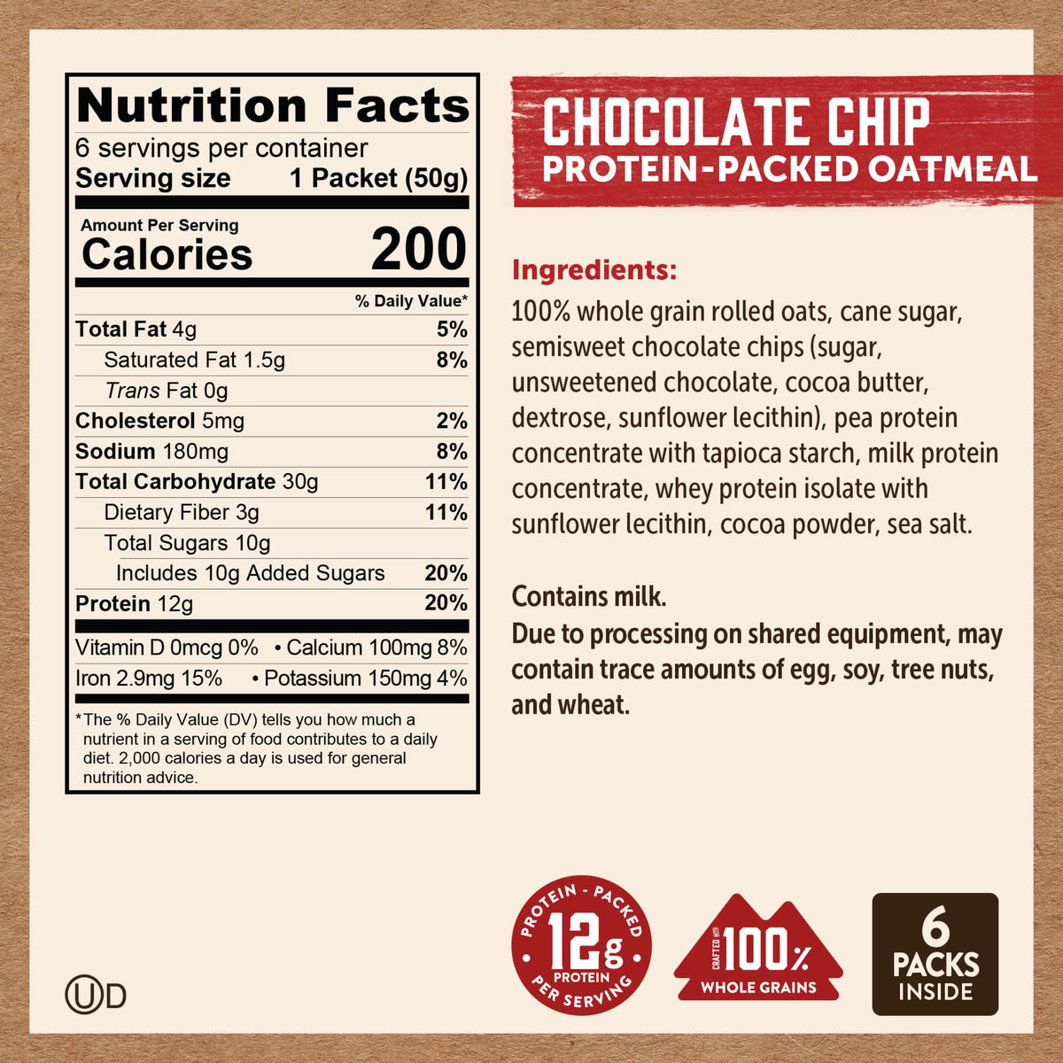 Kodiak Cakes Instant Oatmeal Packets – Chocolate Chip, 12g Protein, 100% Whole Grains (6 Boxes)