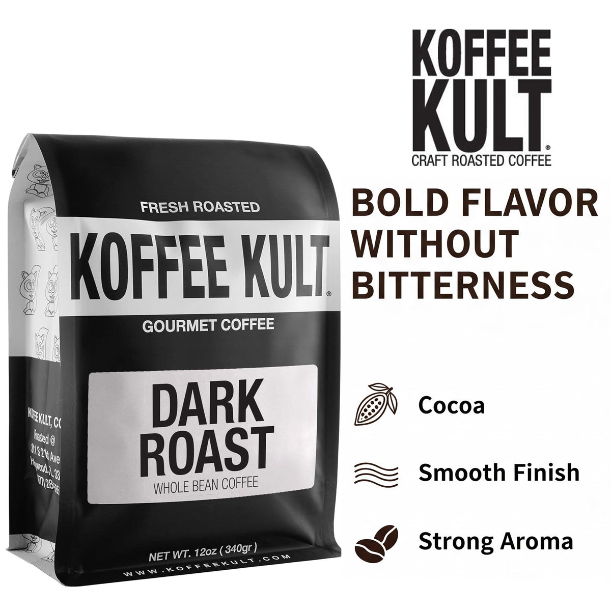 Koffee Kult Dark Roast Coffee Beans – Rich & Bold 100% Arabica with Chocolate & Cinnamon Notes | Ethically Sourced, Resealable 12oz